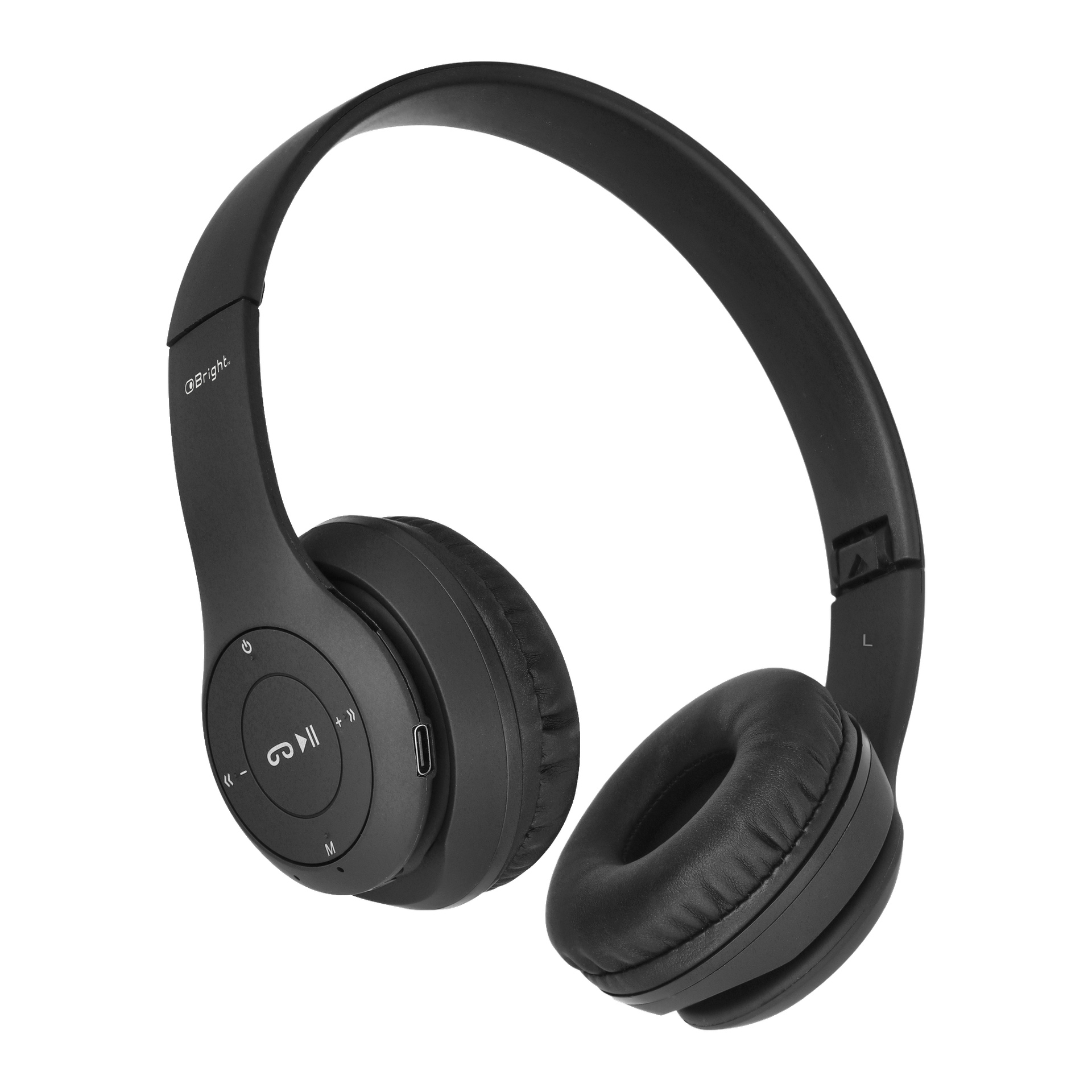 Black Bright Wireless on-ear hörlurar med vadderade öronkuddar ger komfort, och ett justerbart pannband märkt L och R. Vänster öronkapp har kontrollknappar för spel, paus och spårnavigering, samt en USB-C-laddningsport.