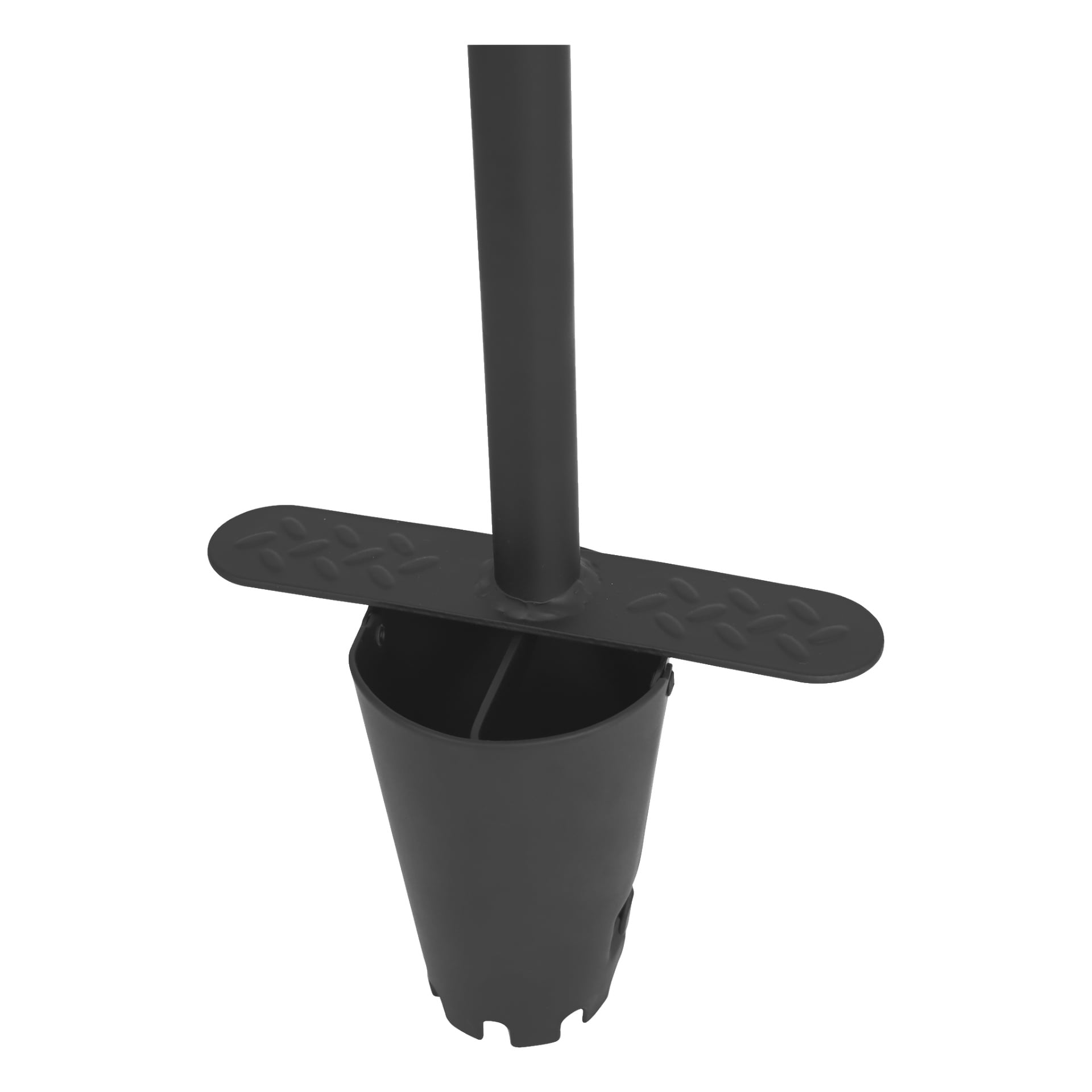 Zbliżenie na donicę Hard Head Bulb z uchwytem, przedstawiające czarne narzędzie ogrodowe z cylindryczną, ząbkowatą łopatką, długą rączką i poziomą podnóżką dla dodatkowego nacisku.