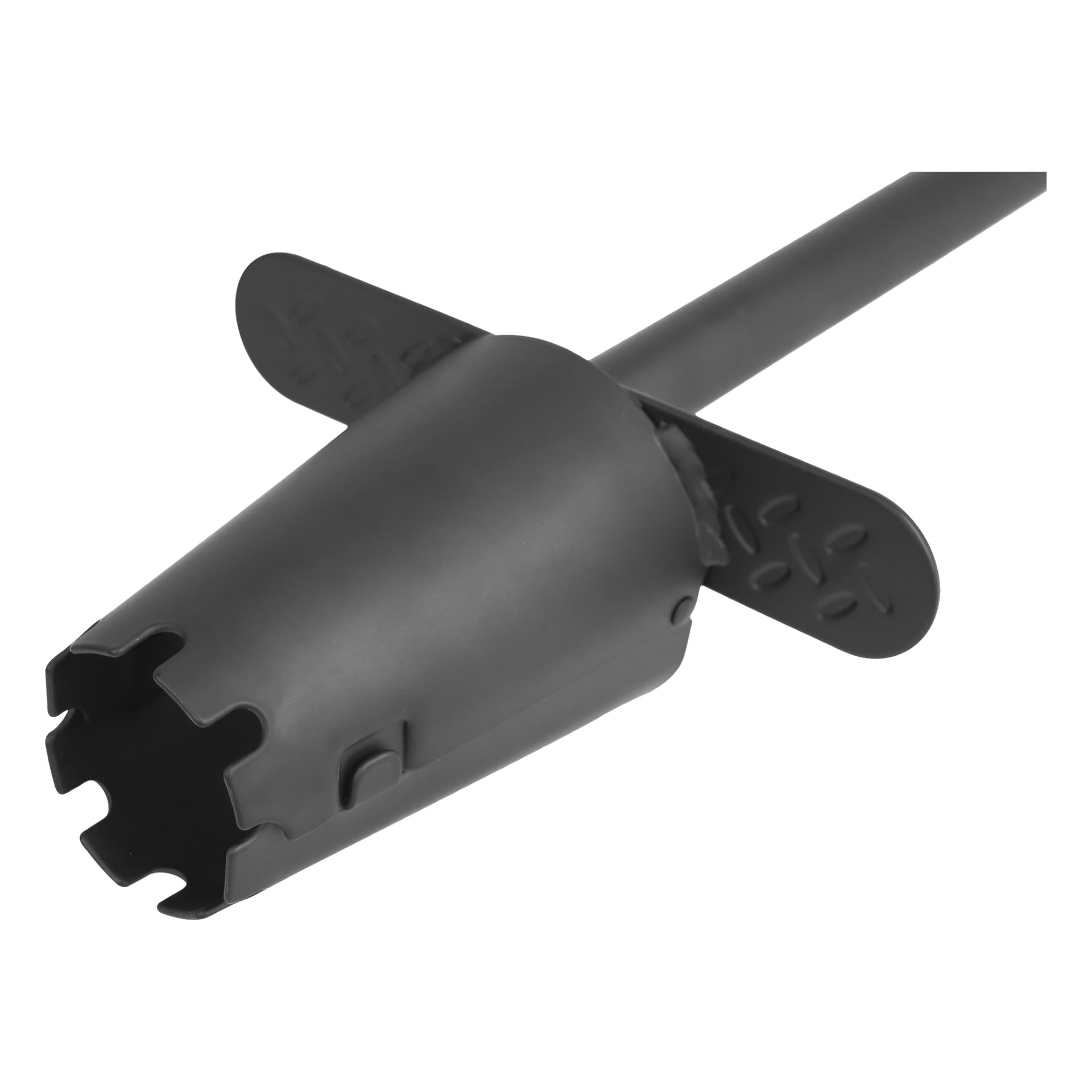 Zbliżenie na donicę Hard Head Bulb z rączką, pokazująca czarną metalową, cylindryczną głowicę z wycięciami i dwa płaskie, liściaste skrzydła.