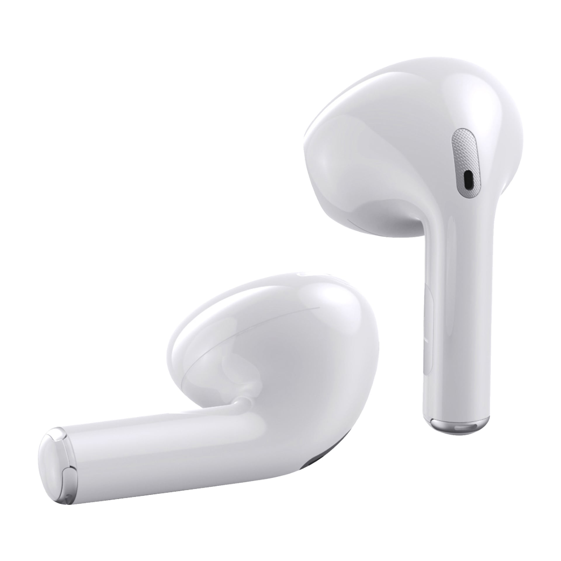 Två Bright Wireless in-ear-hörlurar med pekkontroller visas, en upprätt och den andra liggande på sidan, vilket visar deras slanka, blanka yta och små högtalarportar.
