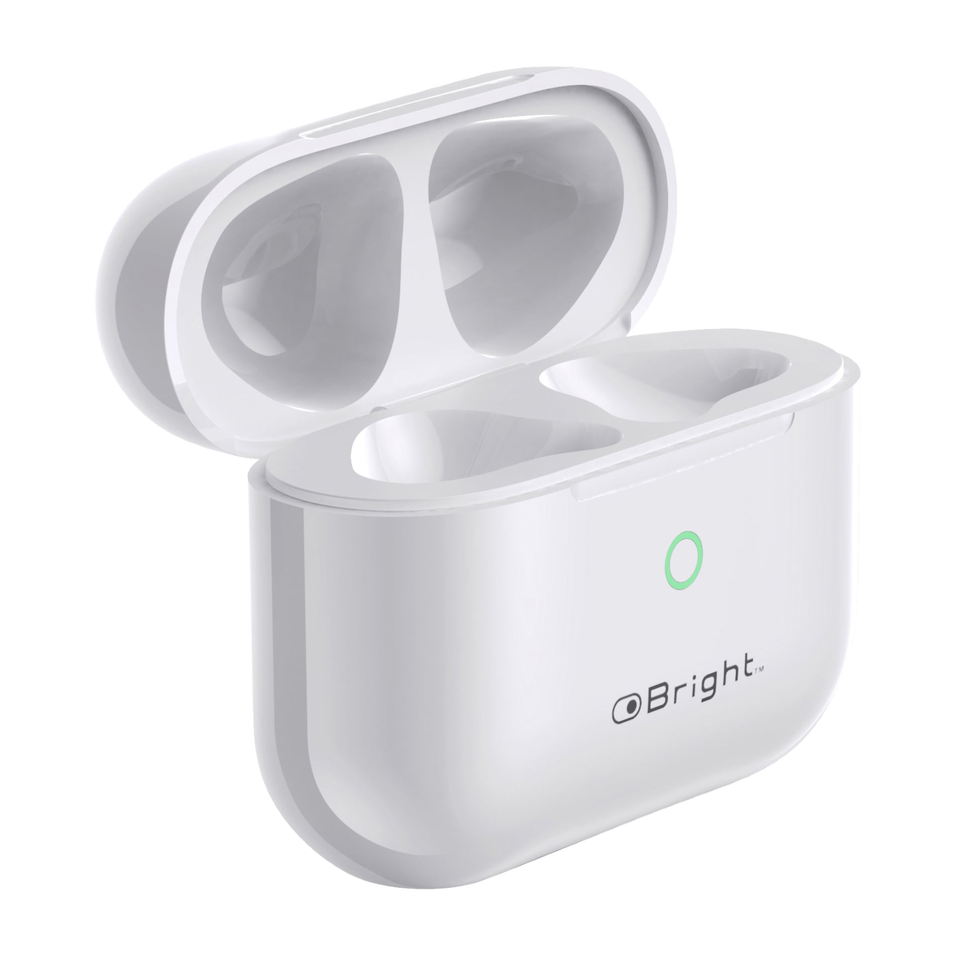Ett vitt laddningsfodral för trådlösa in-ear-hörlurar visas med locket öppet, med två fack designade för hörlurarna. En grön cirkulär LED-indikator och varumärket "Bright" syns på framsidan av chassit.