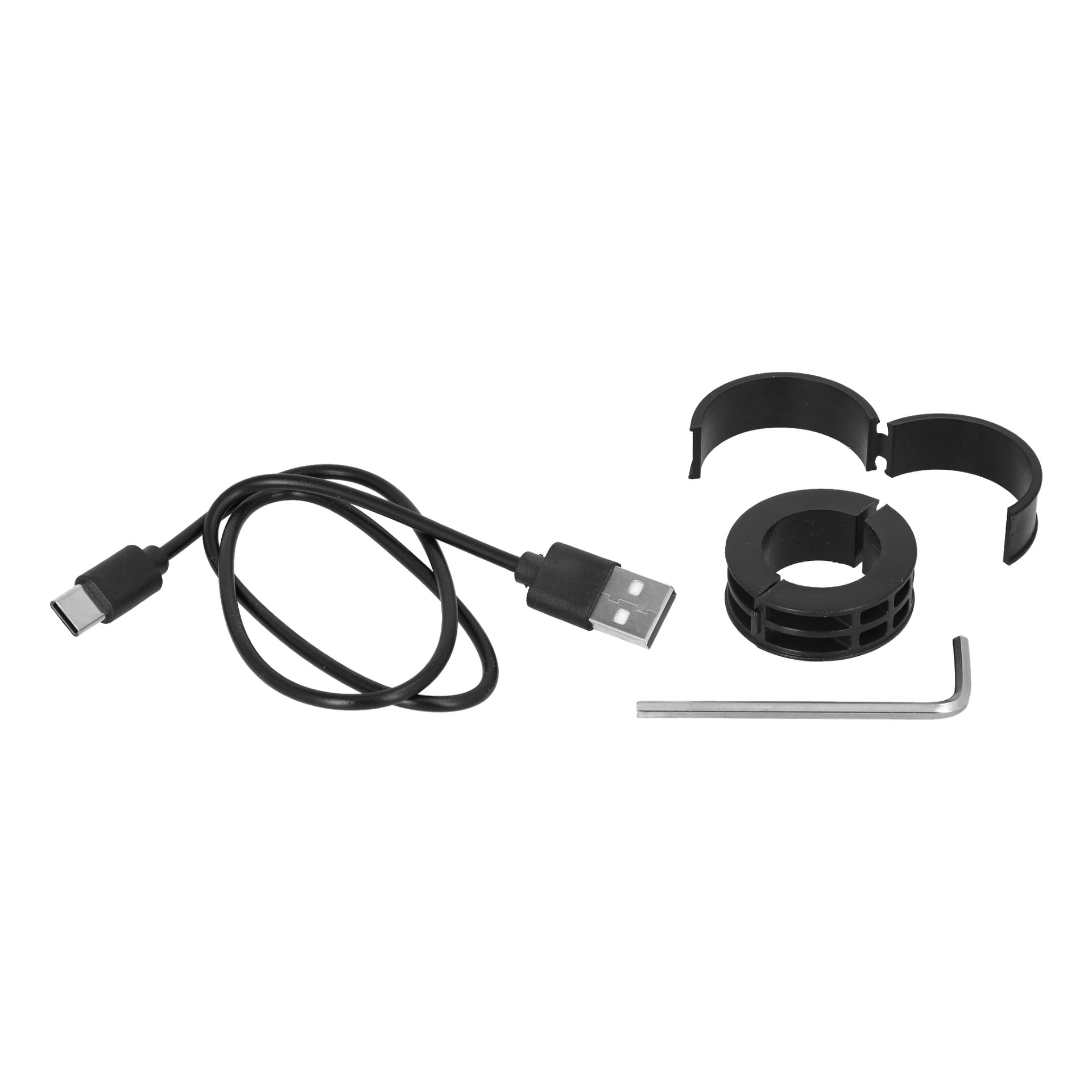 LED-frontcykellampan från Kayoba, en USB-A till USB-C-kabel, en tredelad svart plastadapter och en metallinsexnyckel är arrangerade tillsammans.