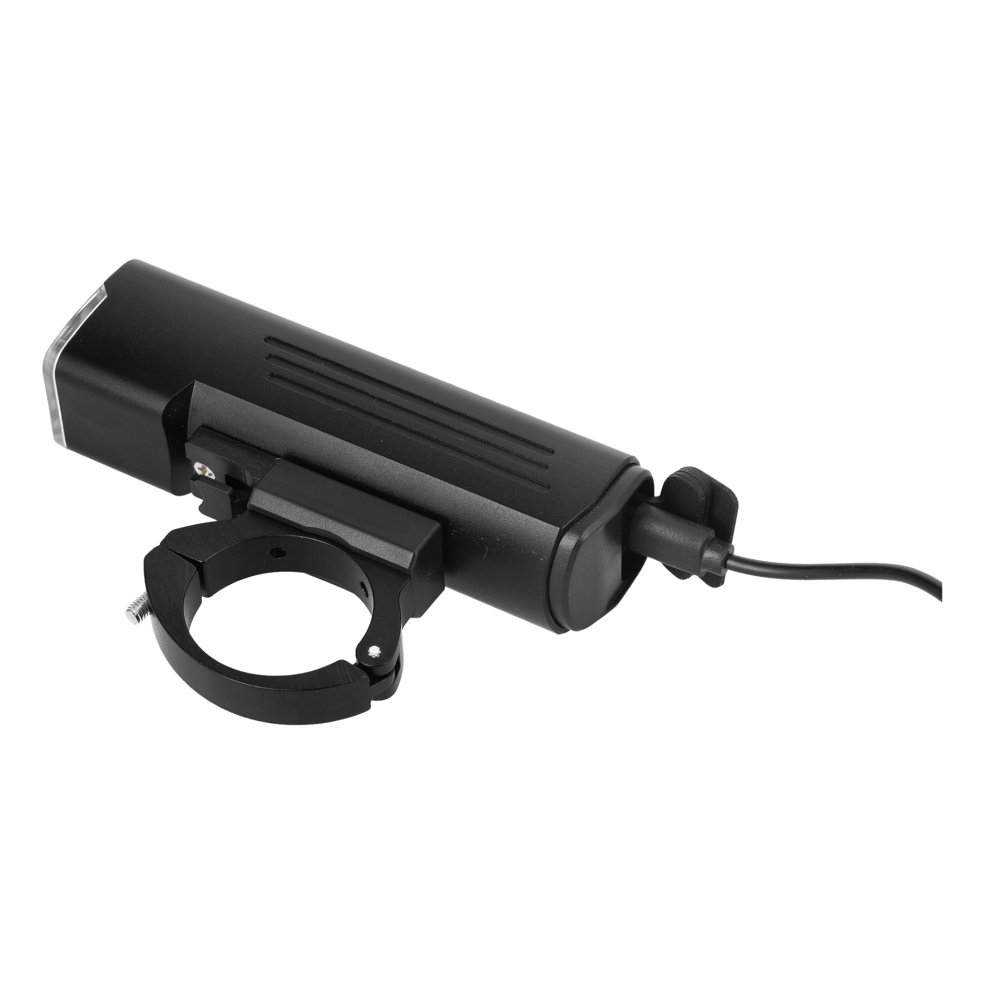 Kayoba LED-frontcykellampan laddas med en USB-kabel ansluten på sidan. Den svarta cylindriska strålkastaren, fäst vid ett fäste, är placerad horisontellt.