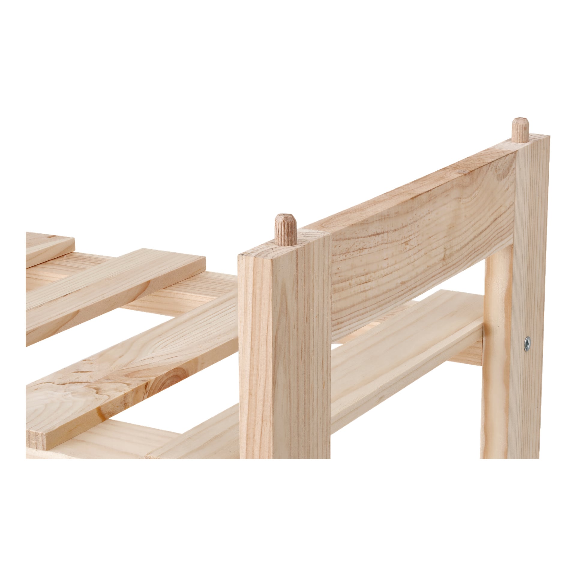 Närbild av den omonterade EKVIP Shoe Rack-ramen som visar två vertikala trästolpar med runda pinnar och horisontella ribbor. Den naturliga träådringen sticker ut, och ena sidan har en synlig metallskruv.