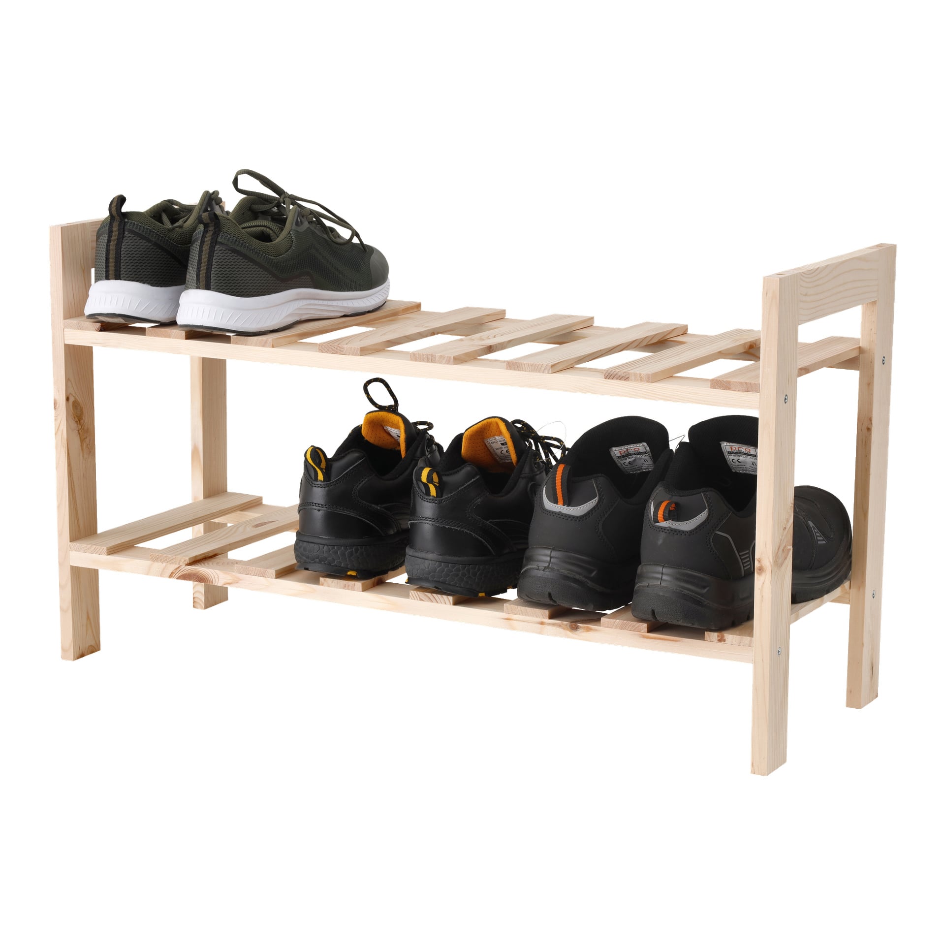 EKVIP Skoställ visar upp en minimalistisk konstruktion av latt-trä med två nivåer. Översta våningen visar ett par gröna sneakers, medan den nedre nivån rymmer tre par svarta skor.