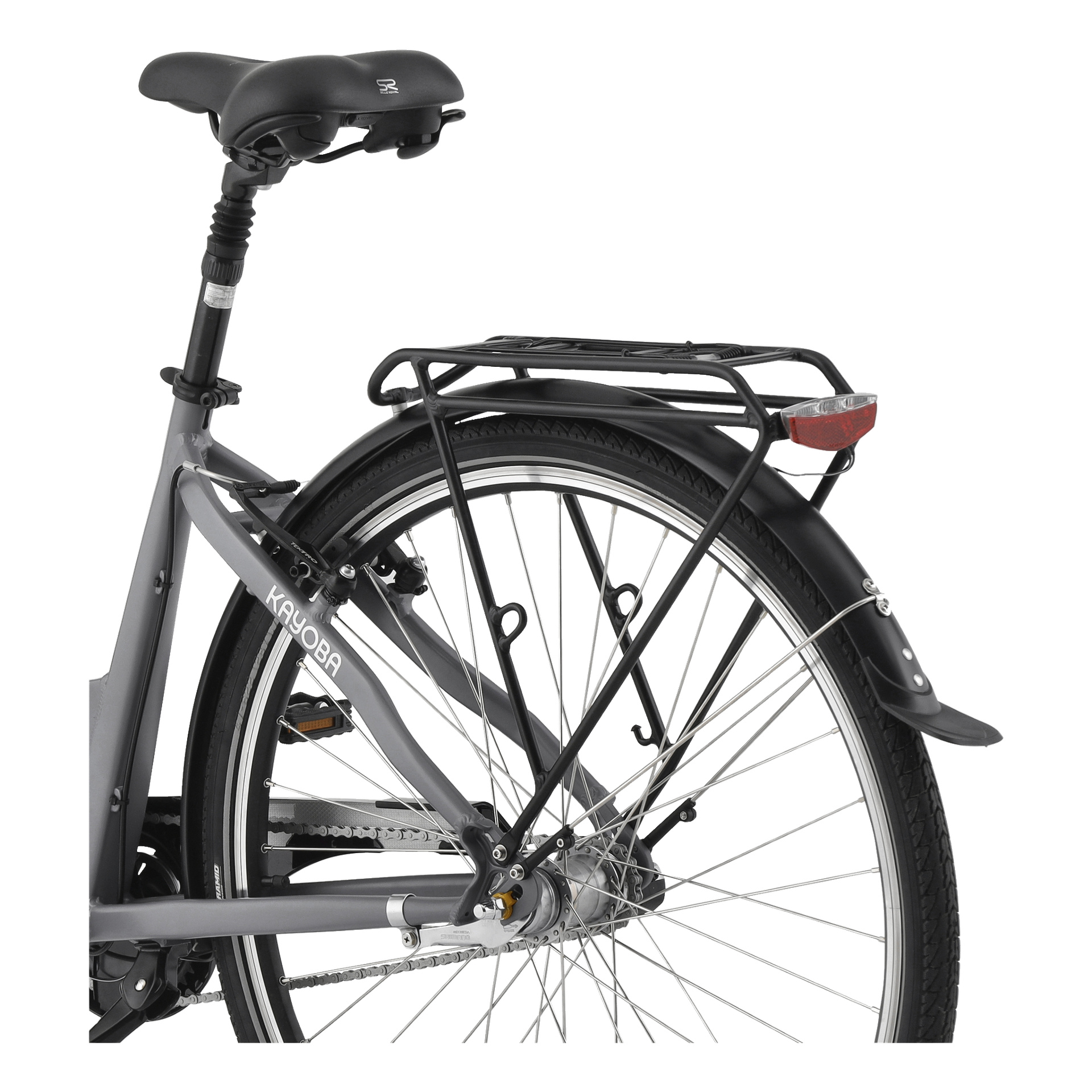 Kayoba Electric Bicycle Wind visas bakifrån i grått, med sätet, bakre pakethållare med röd reflektor, skärm, ekerförsedd bakhjul och synligt växelsystem.