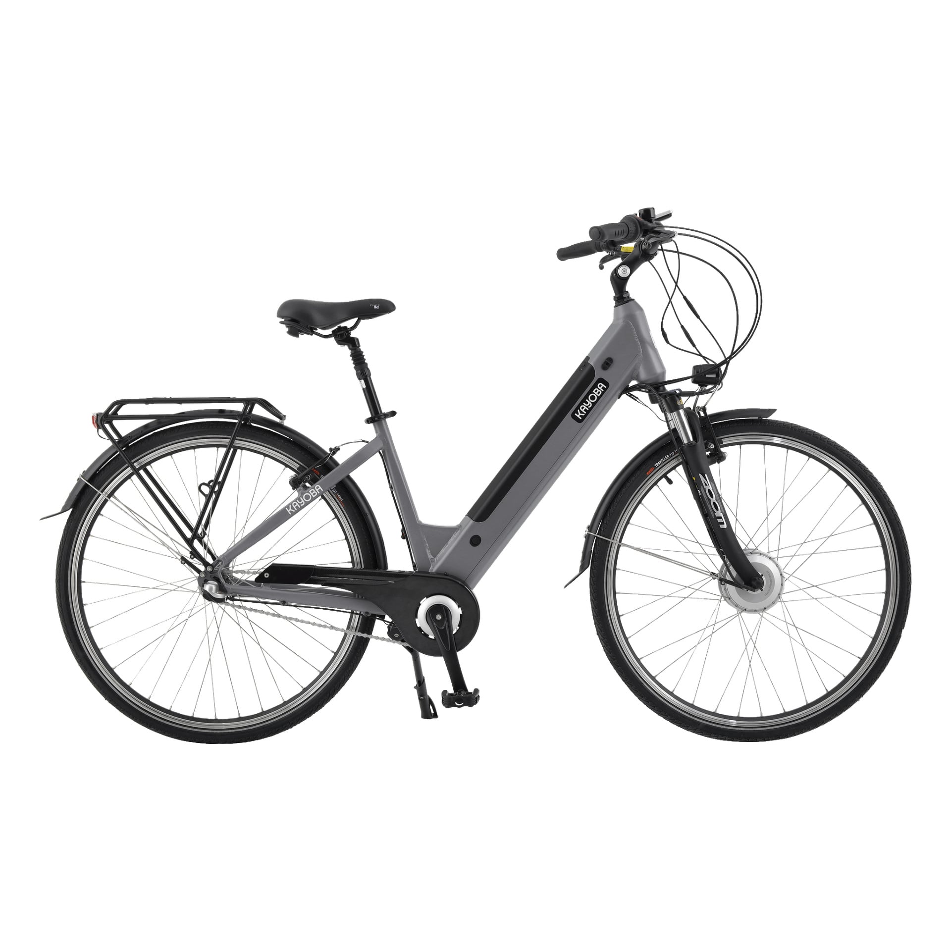 En sidoprofilbild av Kayoba Electric Bicycle Wind visar en grå stadscykel med en genomstegsram, inbyggt batteri, bakre bagagebärare, både fram- och bakskärmar, fjädringsgaffel fram och upprätt styr.