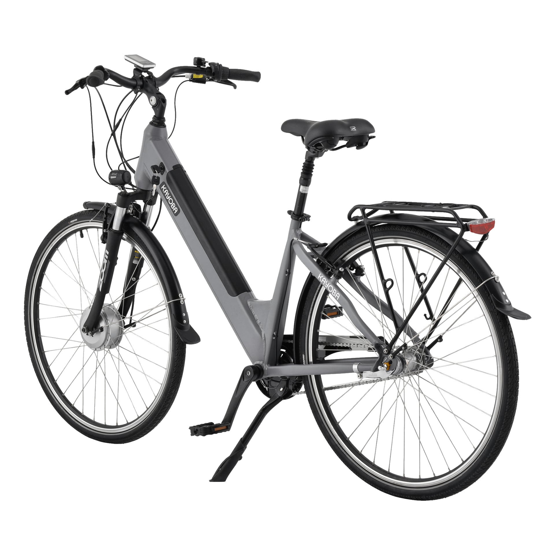 En Kayoba elektrisk cykel med en grå genomstegsram, svart styre, bakre bagagebärare, framfjädringsgaffel och ett integrerat batteri i ramen.