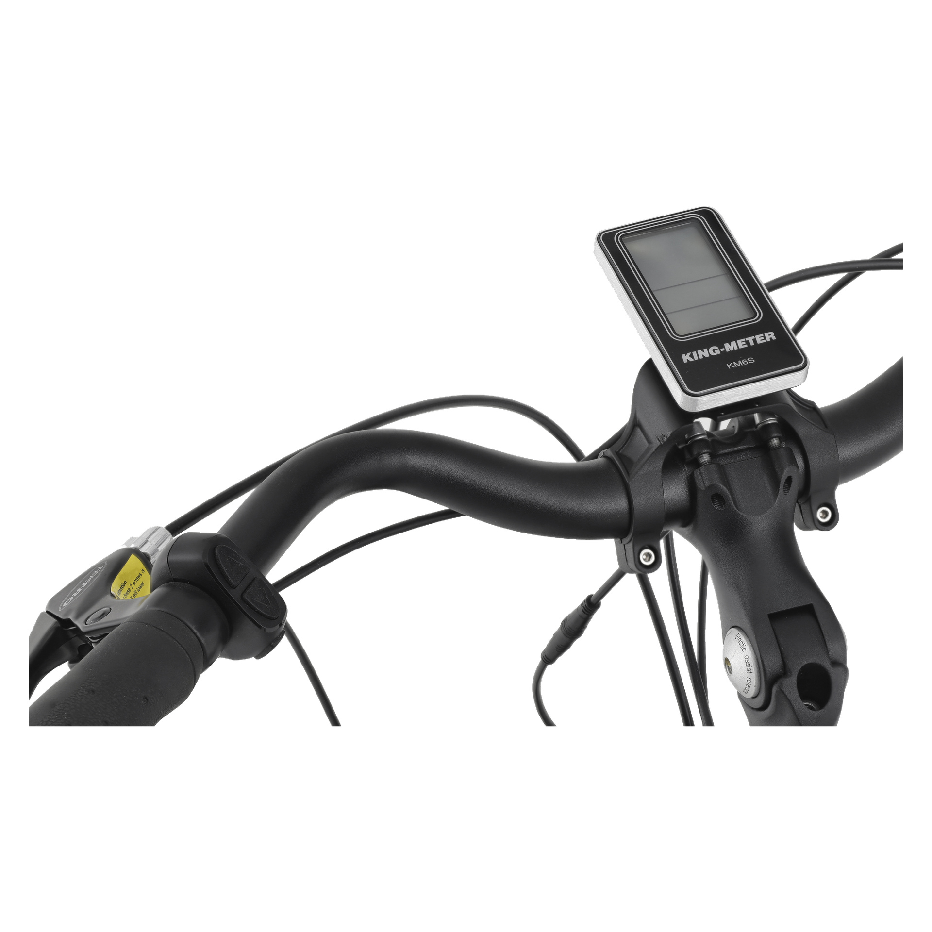 En närbild av Kayoba Electric Bicycle Winds styre visar KING-METER KM5S digitala display i mitten, med bromshandtaget, synliga kablar och en del av styret inklusive grepp.