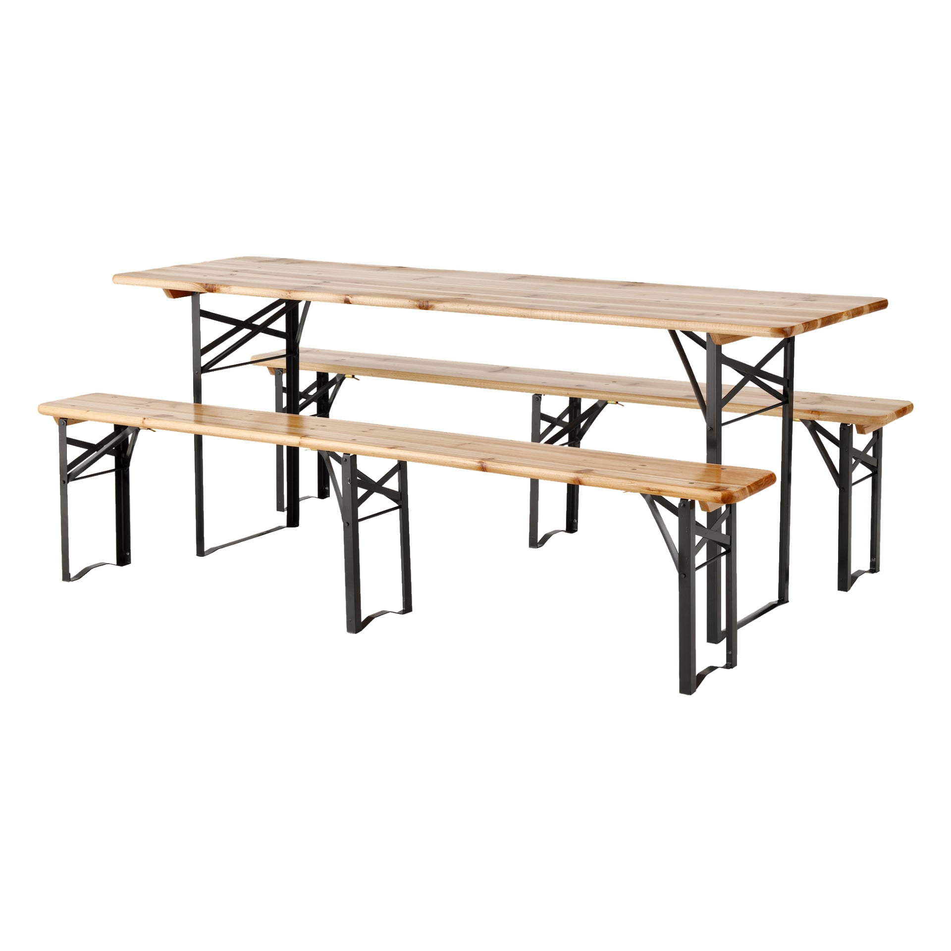 EKVIP sammenleggbare benkesett inkluderer et piknikbord i tre og to benker, alle med naturlige treflater og sammenleggbare ben i svart metall.