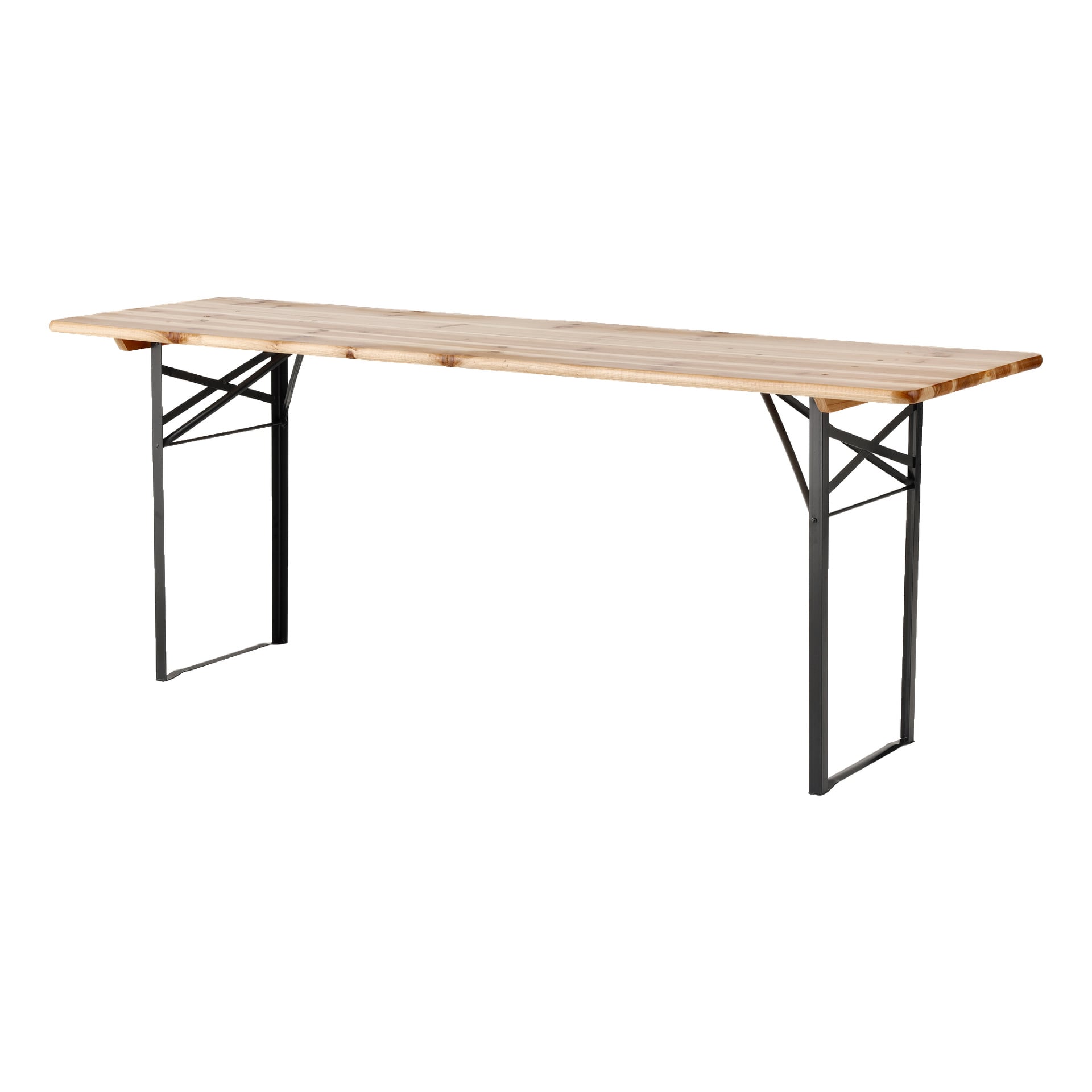EKVIP 3-delt sammenleggbar benkesett har et rektangulært bord med en lys treoverflate og svarte metallben designet med geometriske støttestenger. Den minimalistiske stilen til scenografien understrekes av fraværet av skuffer eller hyller.