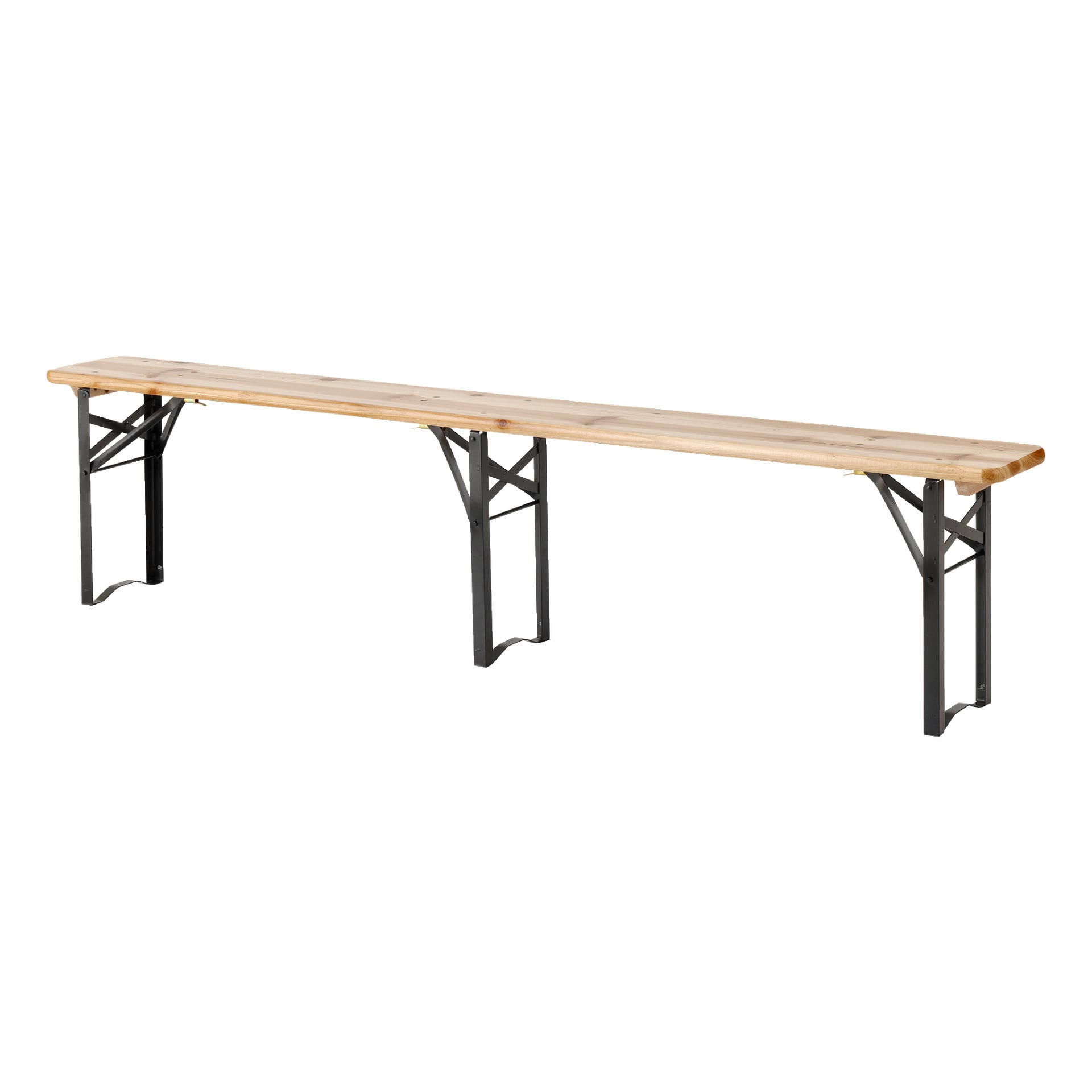 EKVIP sammenleggbare benkesett består av tre deler med slanke benker, hver med en lett treplate og sterke svarte metallben som kan foldes, noe som gjør dem praktiske for bruk både innendørs og utendørs.