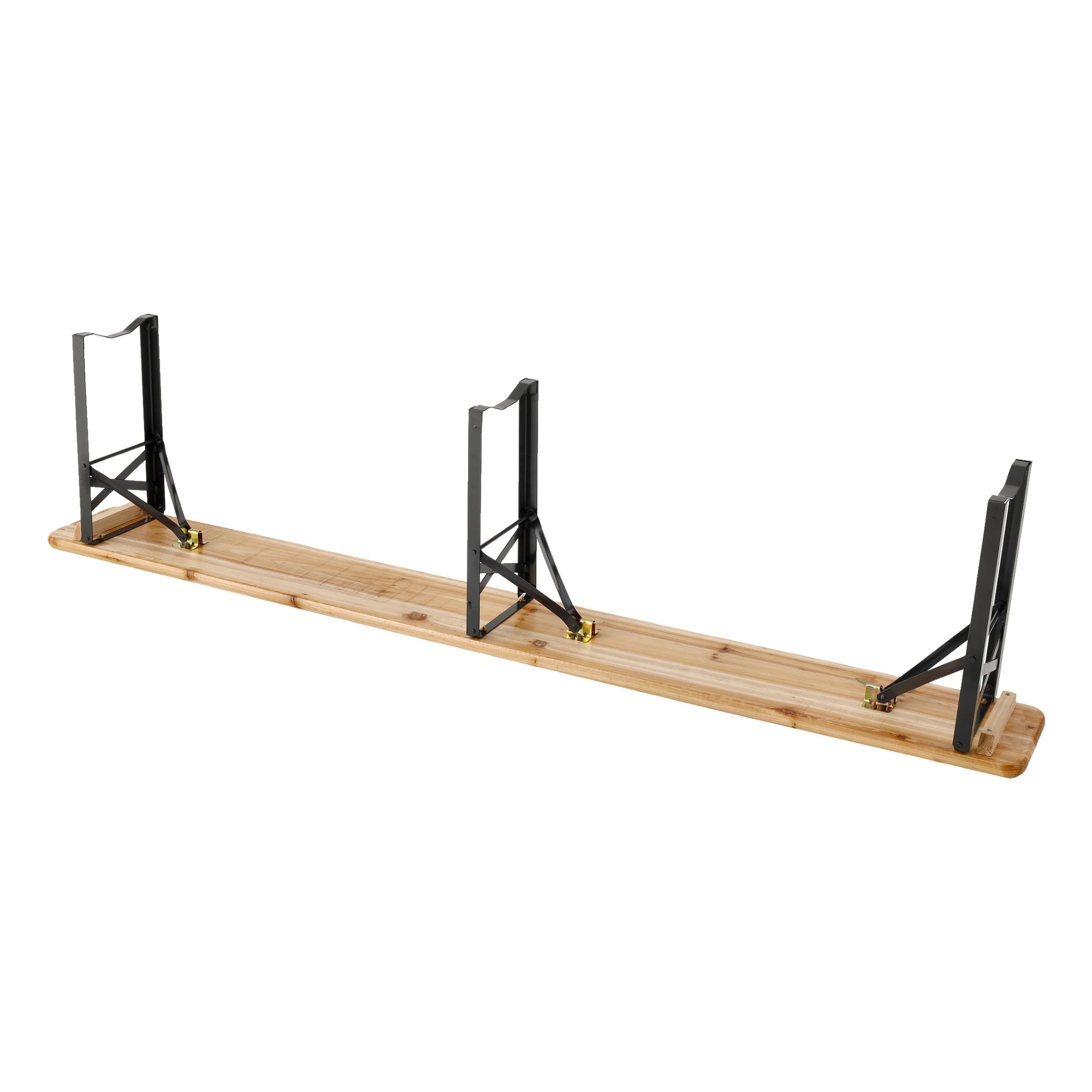EKVIP Folding bench-settet inkluderer en treplanke støttet av tre svarte metallbraketter, som er montert oppreist og jevnt fordelt langs den ene kanten.