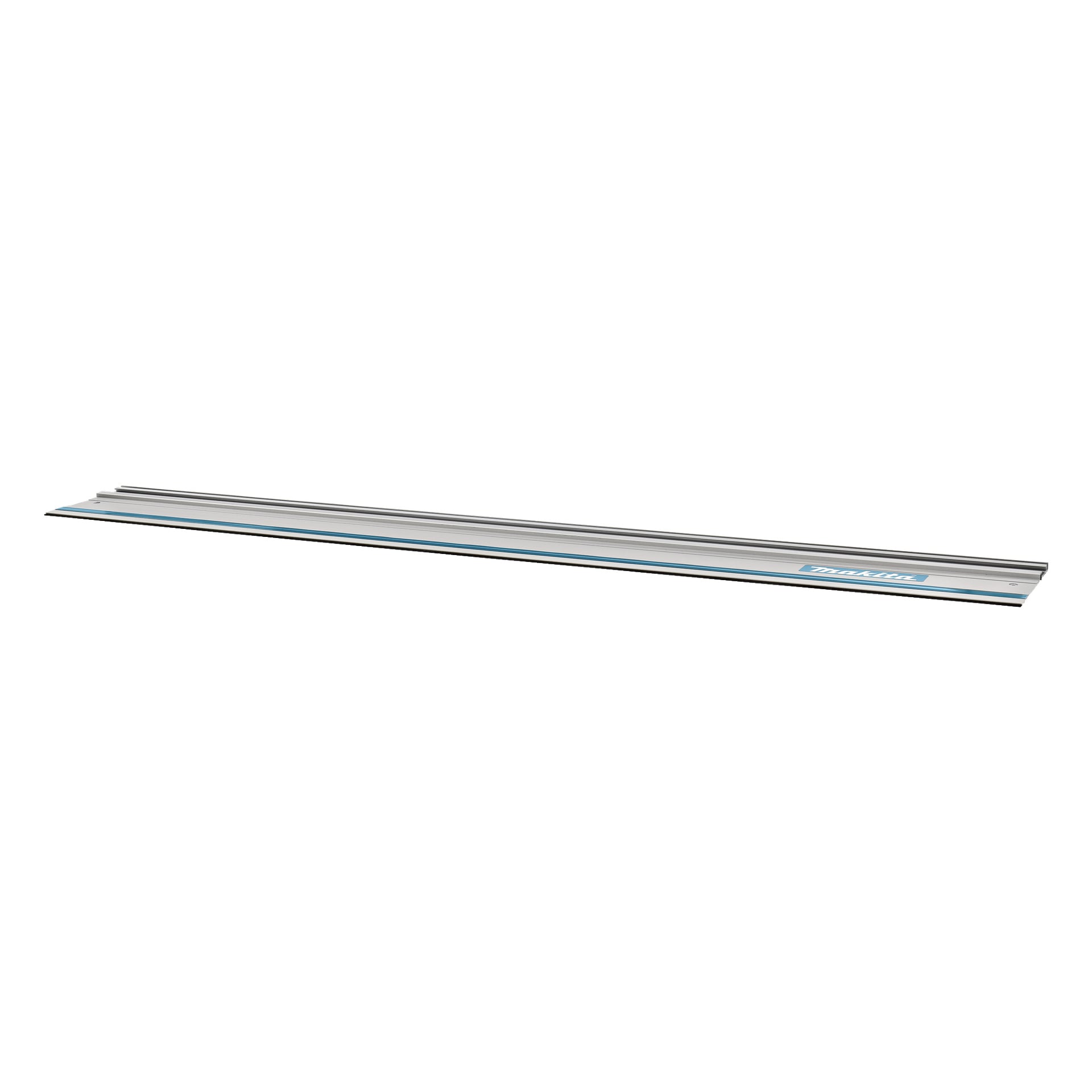 Makita-styrskena för en sänksåg, designad med en slank silverkropp och en blå rand som löper från ände till ände; används som tillbehör med elsågar för att säkerställa raka snitt i material som trä och plywood.