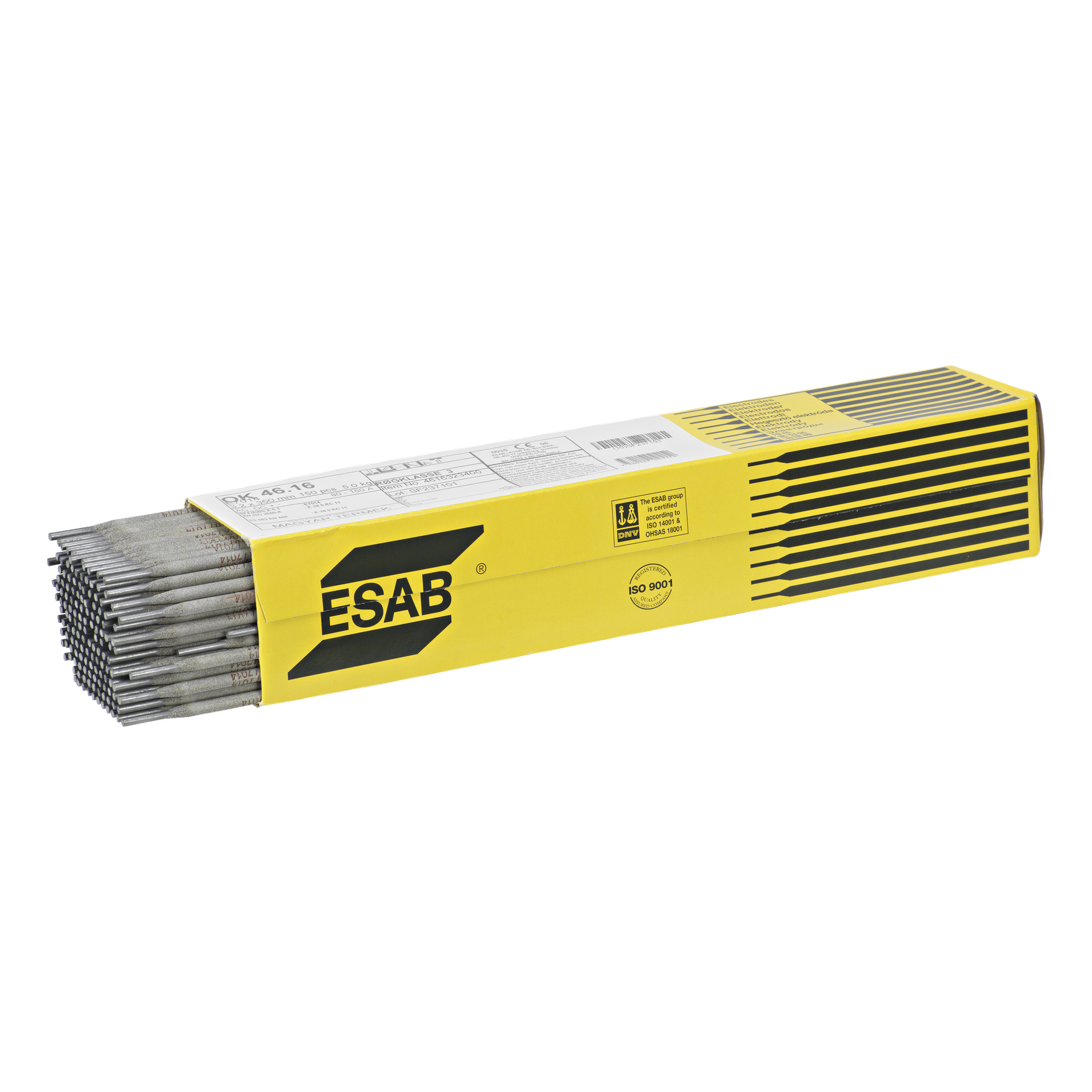 Żółta skrzynka ESAB z elektrodami spawalczymi Rutile OK 46.16 w środku, z widocznymi elektrodami wystającymi. Pudełko zawiera logo ESAB, szczegóły dotyczące produktu oraz wyraźne czarne ukośne pasy wzdłuż jednej strony.