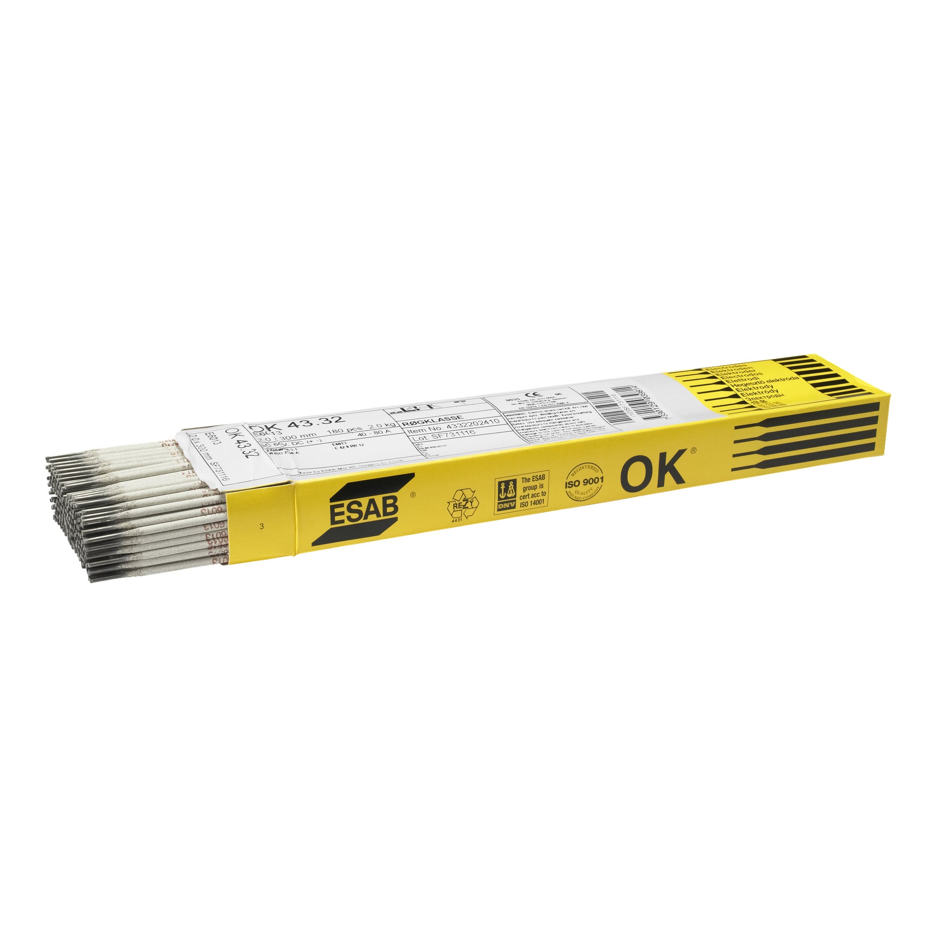 En gul och vit ESAB-märkt låda innehåller Rutile-svetselektroder OK 43.32, med flera elektroder som sticker ut från ena sidan. Lådan innehåller olika produktdetaljer, tekniska specifikationer och certifieringssymboler.