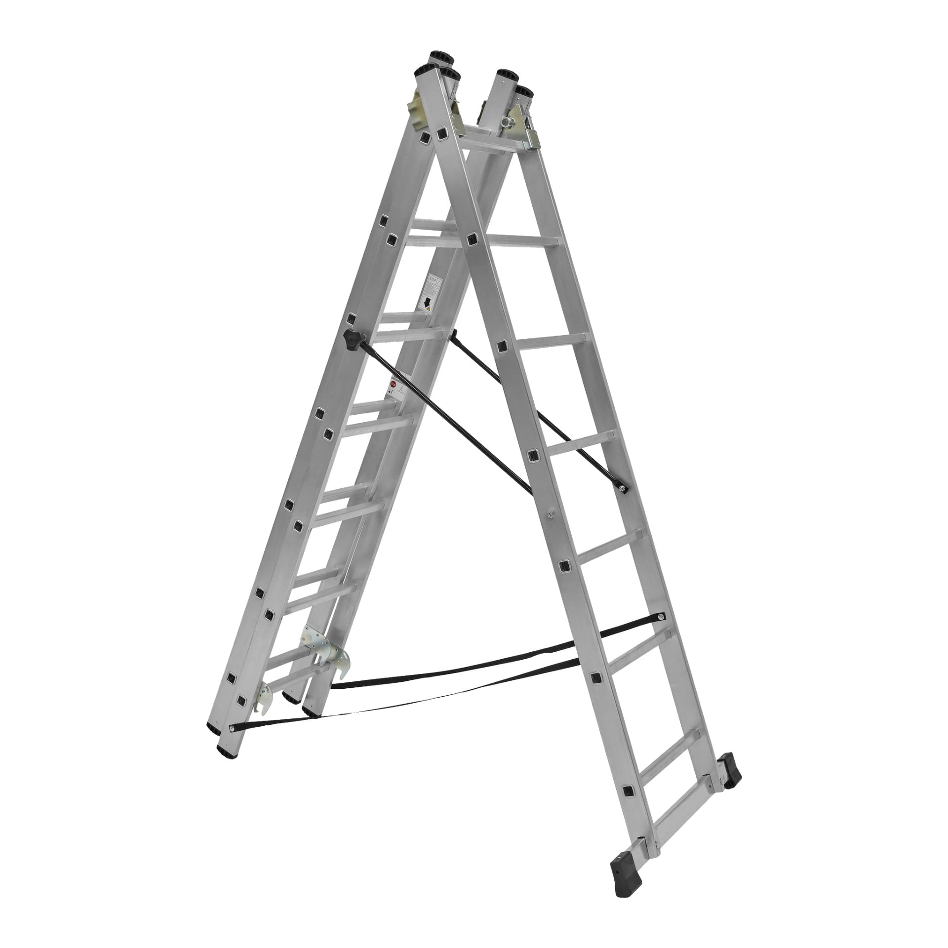 En Hard Head Combination-stege (3x7 steg) designad för trappbruk står i en A-formad konfiguration. Stegen är silverfärgad med flera steg på båda sidor, och den inkluderar svarta stabiliseringsstänger och halkfria svarta fötter.