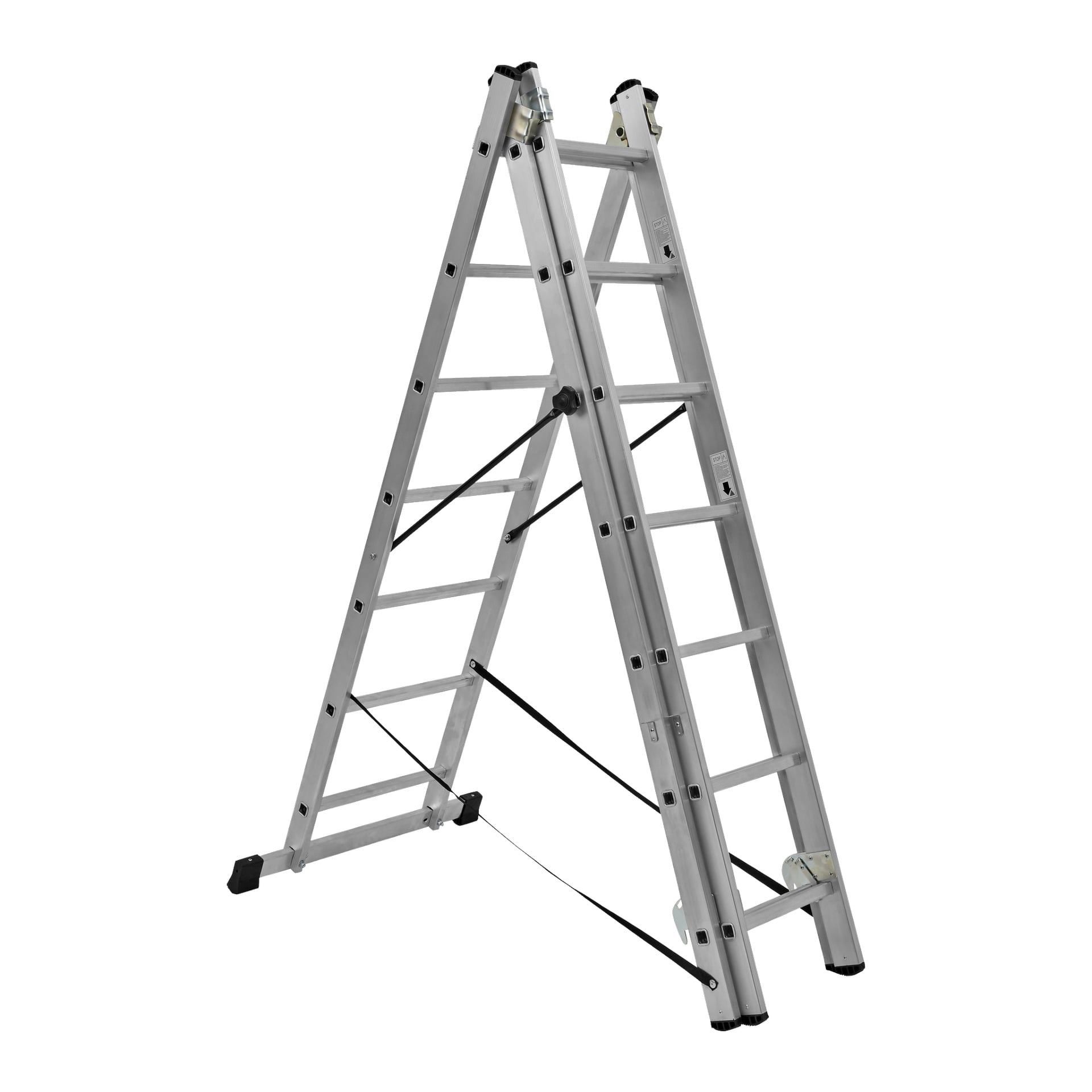 En silverfärgad aluminiumstege med Hard Head Combination med trappfunktion, 3x7 steg, står helt öppen i A-formad position. Den har svarta gummifötter och säkerhetsstänger.