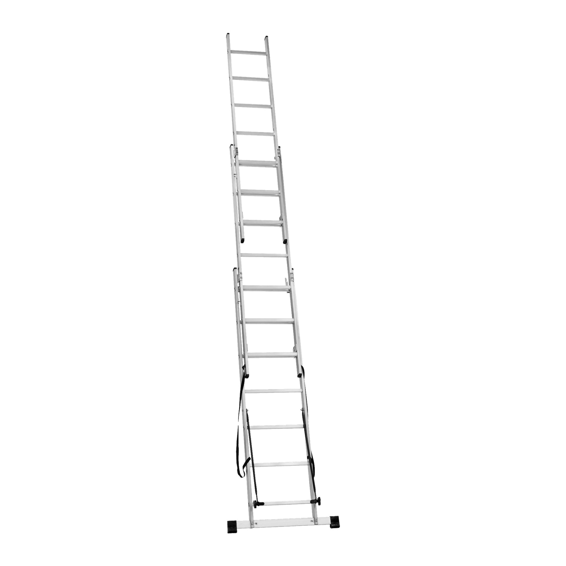 En Hard Head Combination-stege med trappfunktion (3x7 steg) står upprätt och har en bred bas för extra stabilitet. Svarta remmar fäster dess flera aluminiumsektioner, vilket indikerar att den är uppställd och redo att användas.