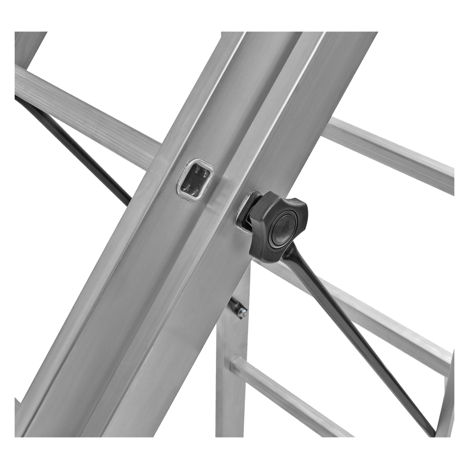 Detaljerad vy av gångjärnsmekanismen på Hard Head kombinationsstege med trappfunktion (3x7 steg), med en låsknopp och stödstänger.