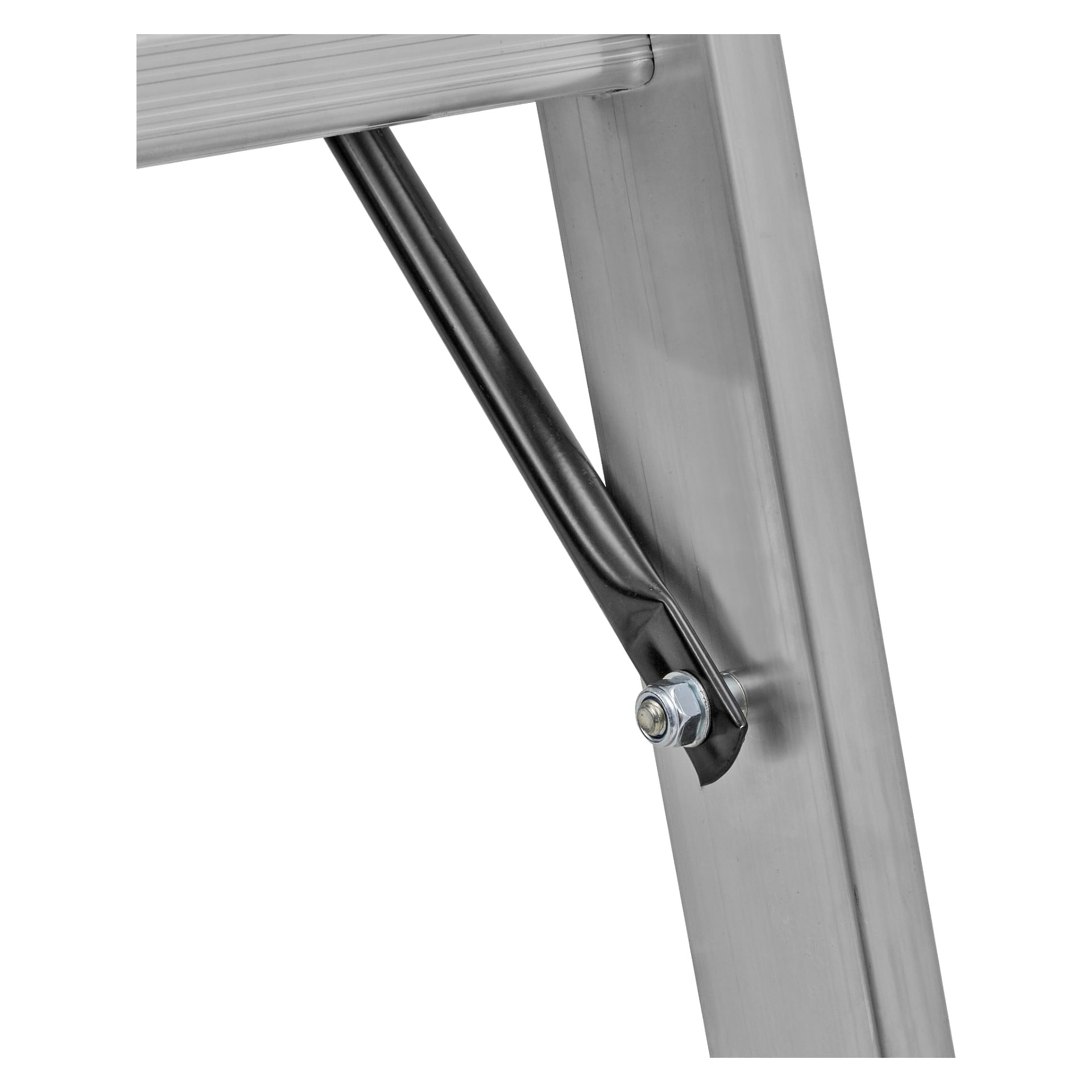 Detaljerad vy av en Hard Head Combination-stegbenet med trappfunktion (3x7 trappsteg), med fokus på den diagonala stödstången fäst med bult och mutter. Den borstade metallytan och den starka byggnaden betonar dess hållbarhet och industriella stil.