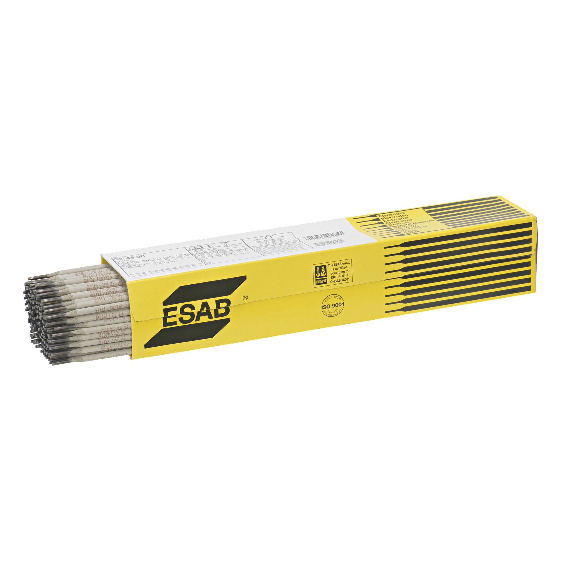 En gul och svart låda med ESAB-logotypen innehåller Basic-svetselektroder OK 48.00, varav några syns sticka ut från ena änden. Tekniska detaljer visas på kartongen.