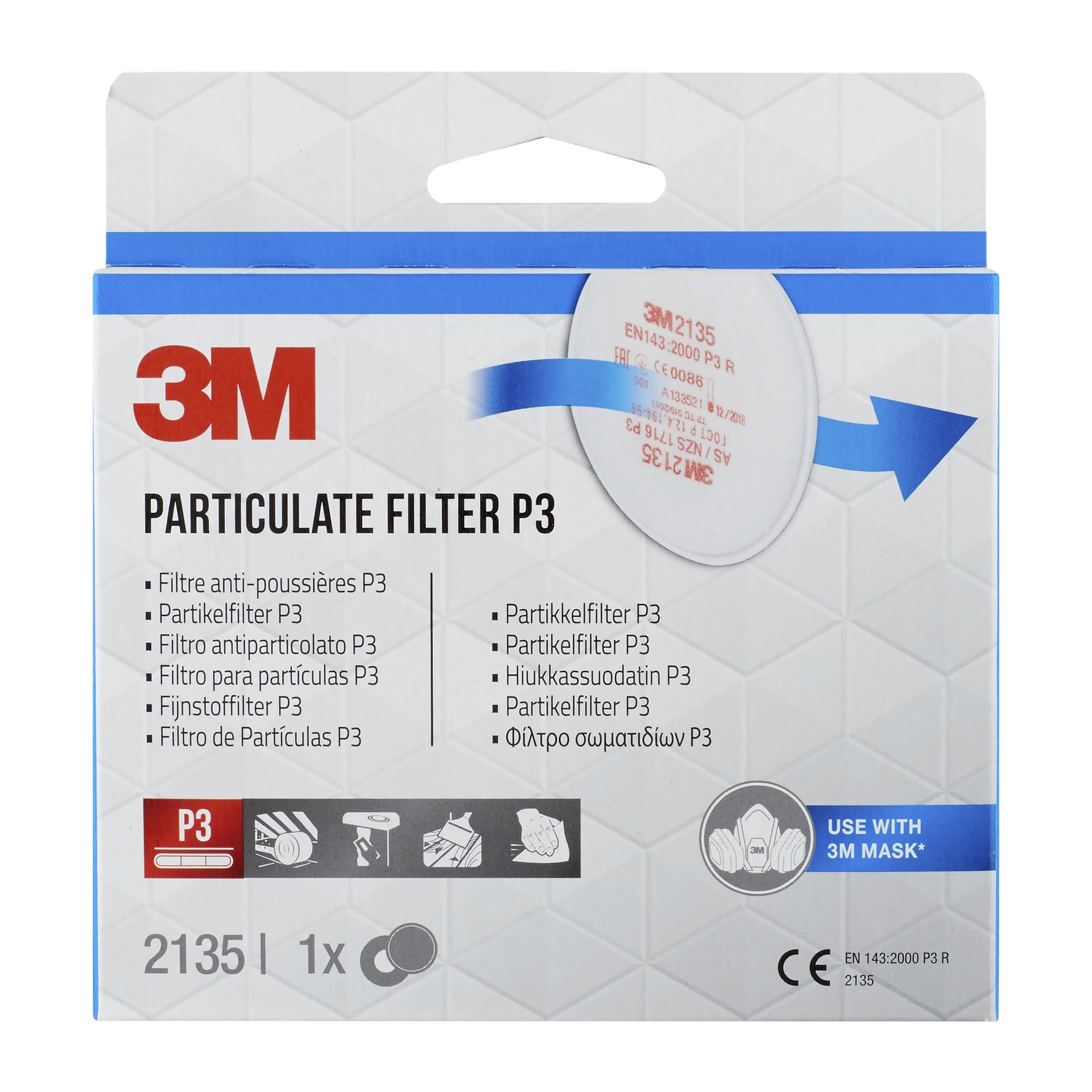 Låda med 3M-ersättningsfilter (modell 2135) som visar en bild på filtret, användningssymboler, produktinformationstext och en blå etikett med texten "ANVÄND MED 3M MASK." Paketet inkluderar ett filter.