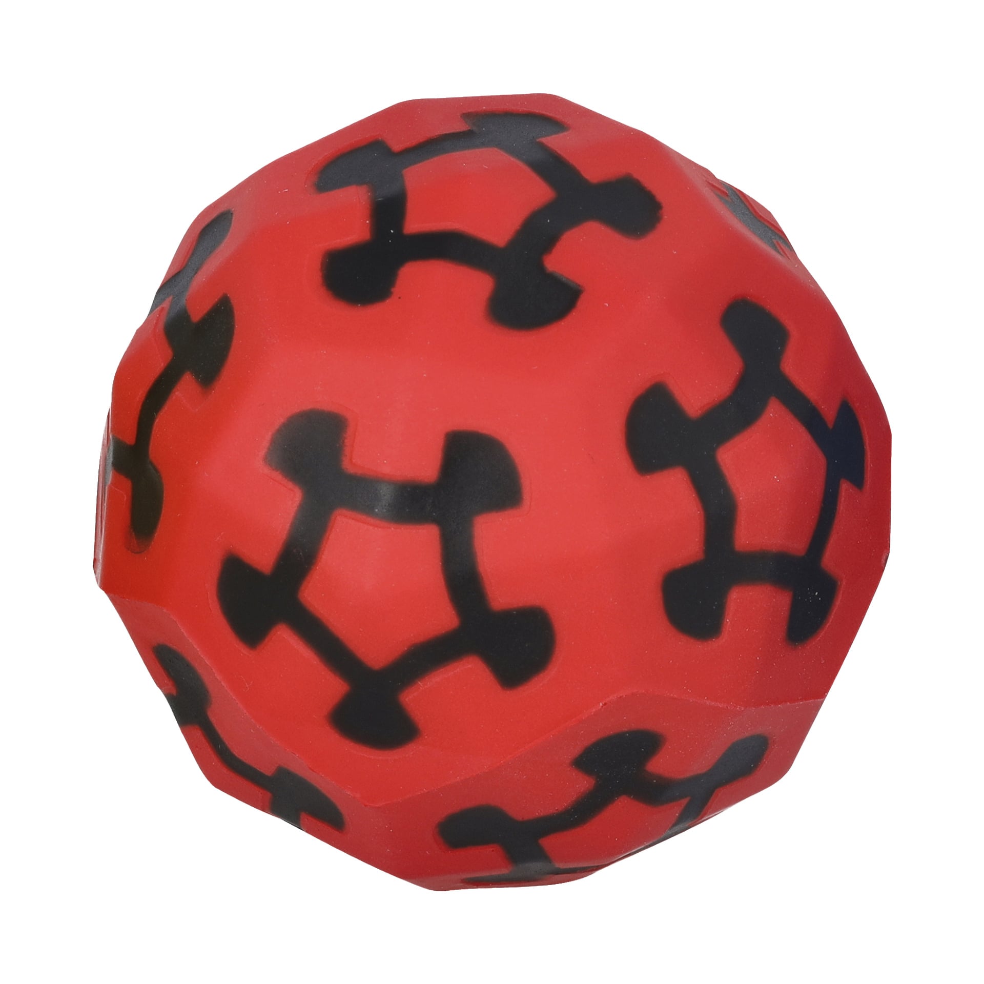 Den studsande bollen från No märke EMW är gjord av röd gummi och visar ett geometriskt mönster av upprepade svarta former. Bilden framhäver bollens texturerade yta.