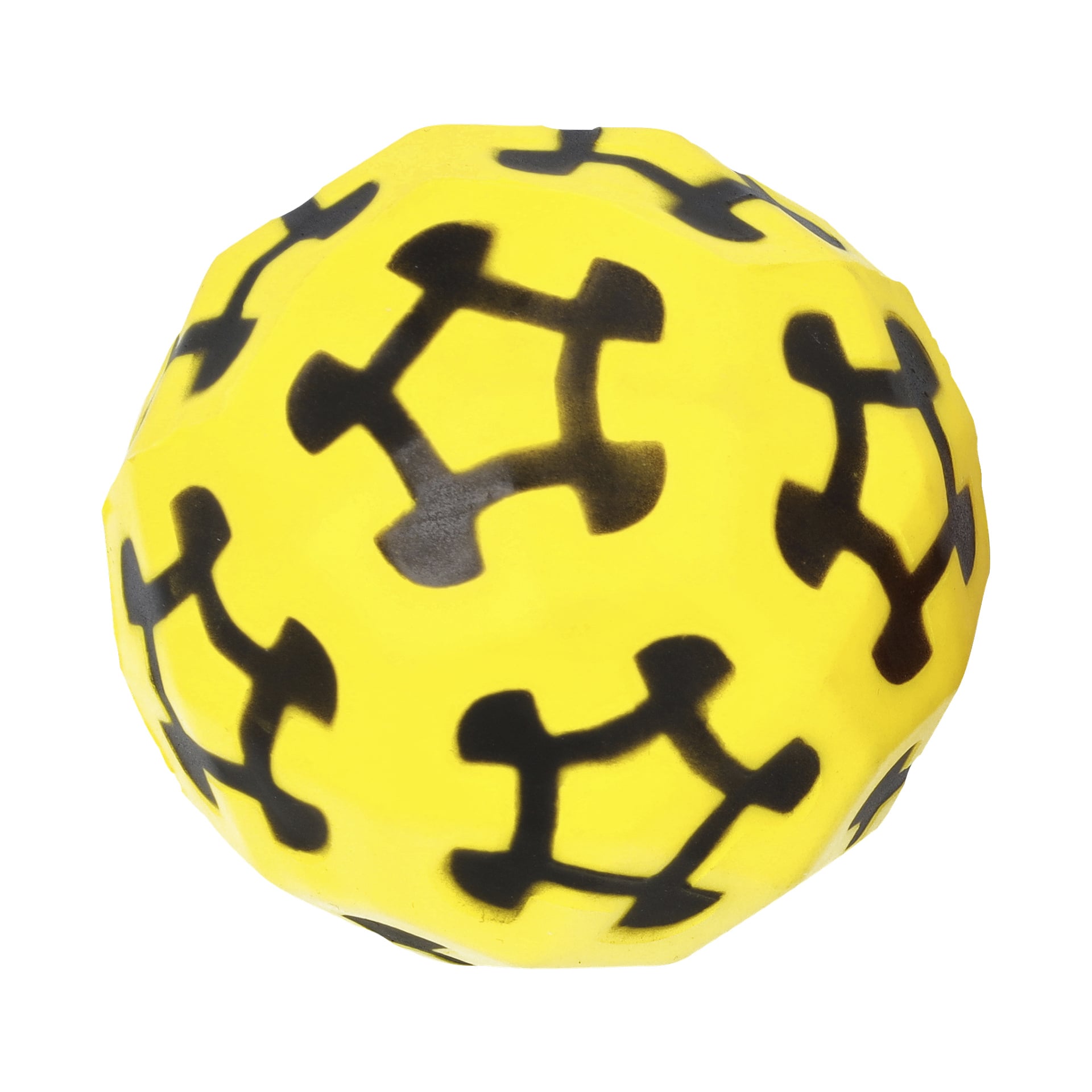En gul studsande boll från No brand EMW dekorerad med upprepade svarta geometriska, abstrakta symboler.