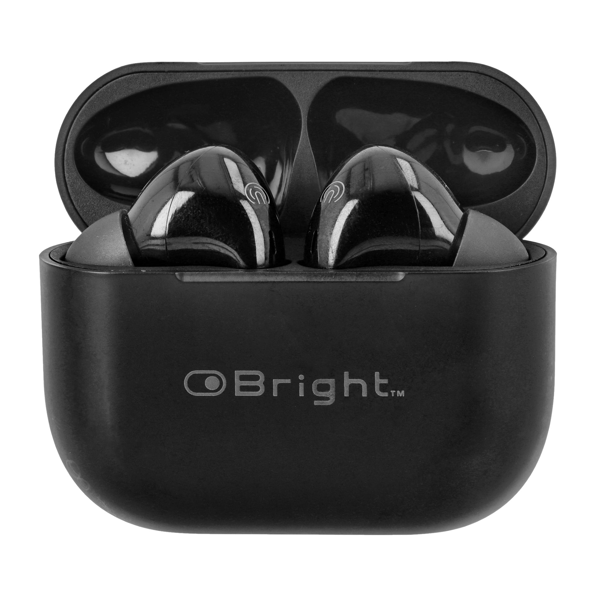 Zbliżenie czarnych słuchawek dousznych Bright Wireless w otwartym etui do ładowania dotykowego, pokazujące słuchawki wewnątrz i Bright z przodu.
