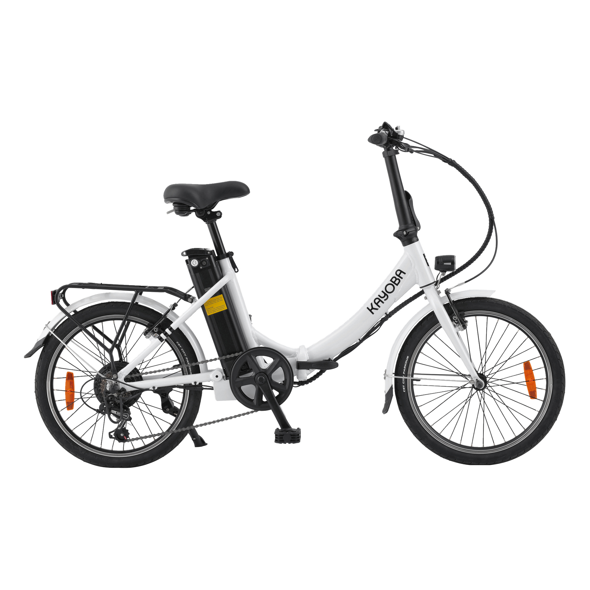 Vit hopfällbar elcykel från Kayoba med step-through-ram, svart batteri, bakre bagageutrymme, fram- och bakskärmar samt orange hjulreflektorer, sedda från sidan.