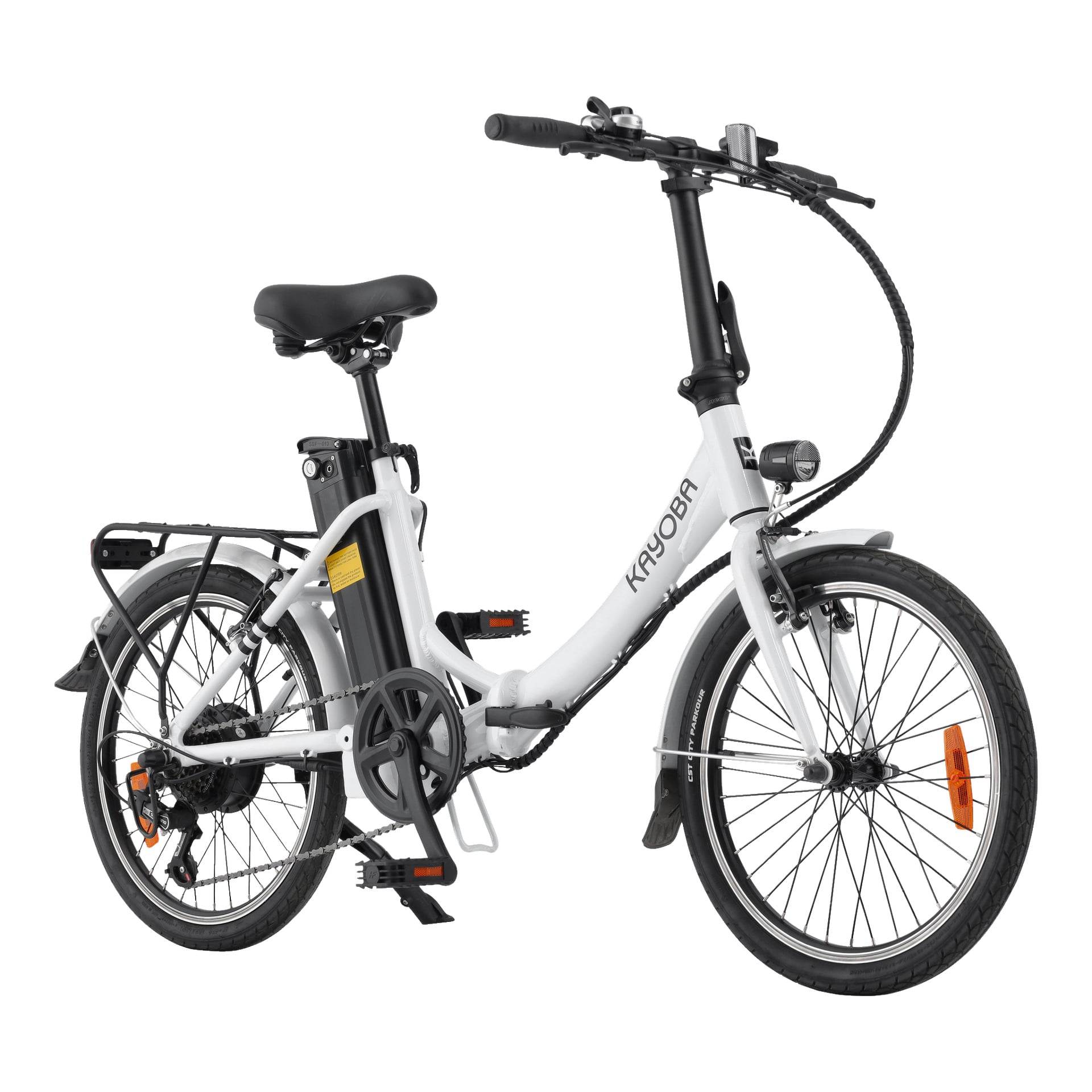 En Kayoba fällbar elcykel med vit ram och svarta detaljer, utrustad med fram- och bakskärmar, bagageutrymme bak, orange hjulreflektorer och ett batteri placerat bakom sadelröret.