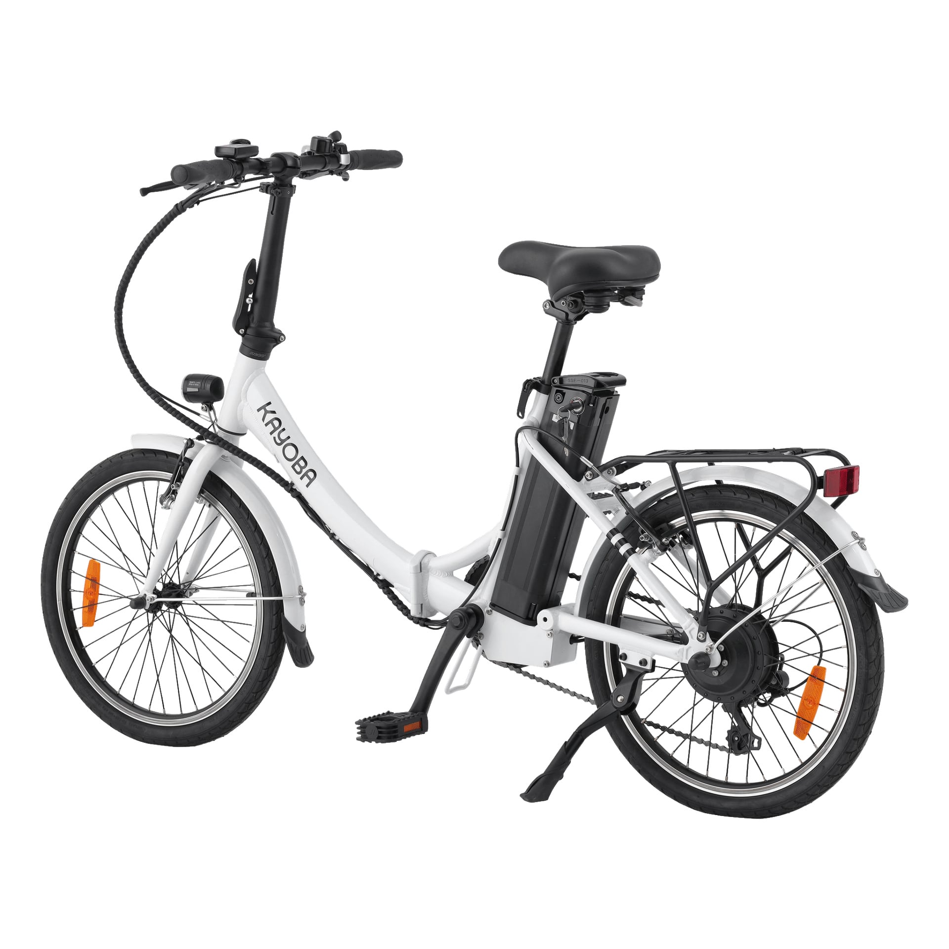 En vit Kayoba fällbara elcykel med svart sadel, batteripack, bakre pakethållare och orange reflektorer på hjulen. Den står upprätt på sitt stöd, och ramen visar varumärket.