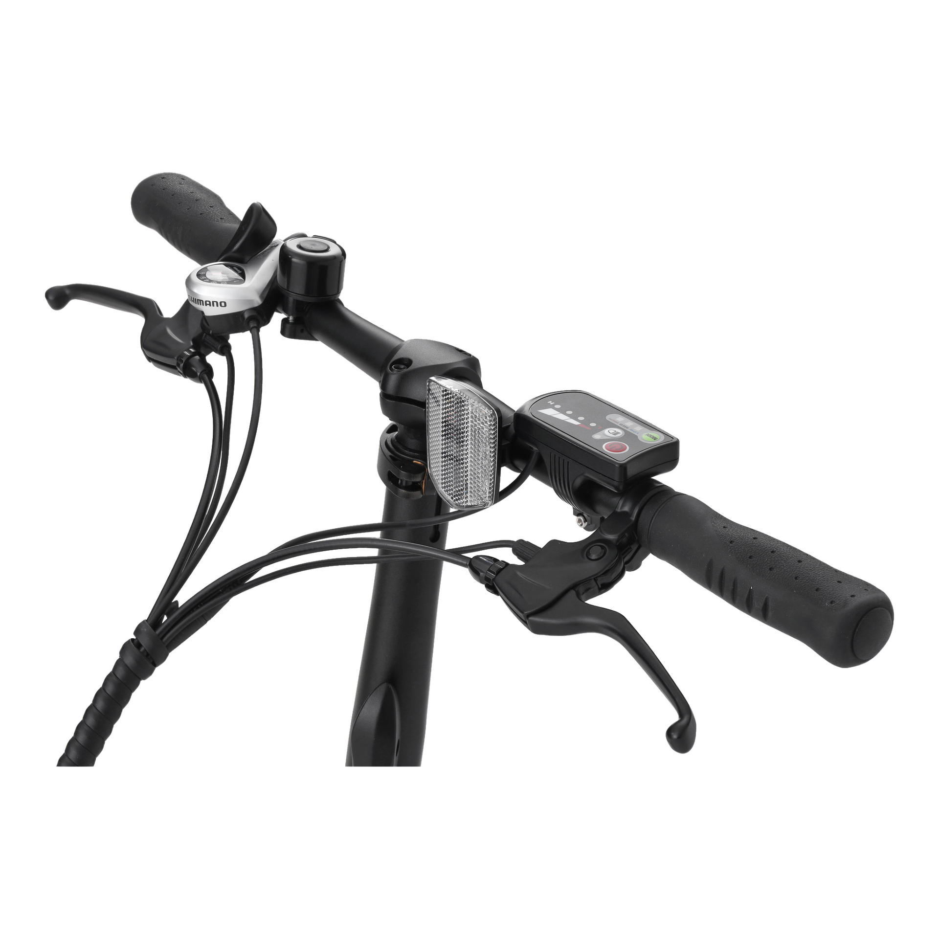 Detaljvy av Kayoba Folding elcykels styre, med handtag, bromshandtag, en Shimano-växelspak, framreflektor och en elektronisk kontrollpanel med knappar och indikatorlampor. Kablar är fästa både vid bromsarna och växelspaken.
