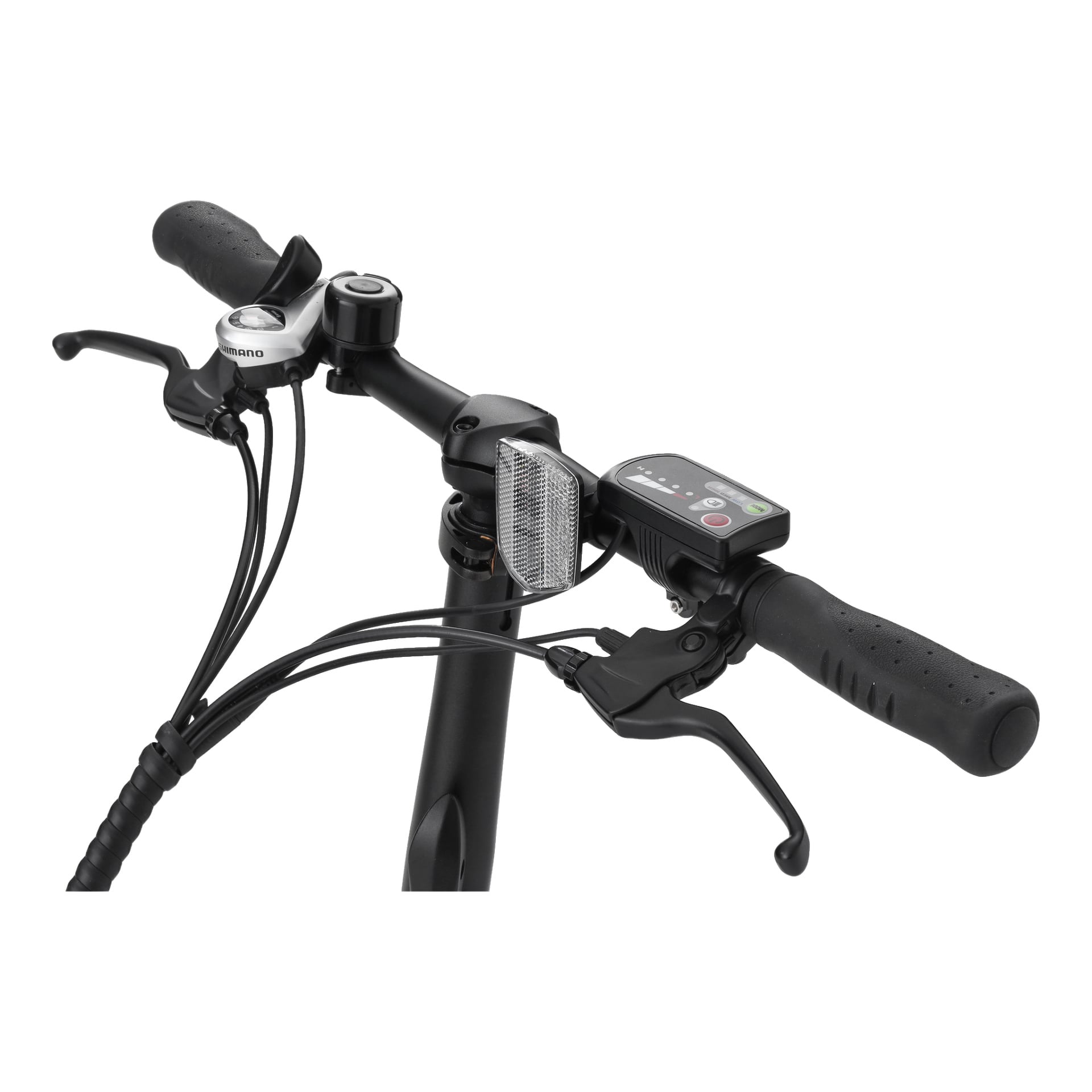 Detaljvy av Kayoba Folding elcykels styre, med handtag, bromshandtag, en Shimano-växelspak, framreflektor och en elektronisk kontrollpanel med knappar och indikatorlampor. Kablar är fästa både vid bromsarna och växelspaken.