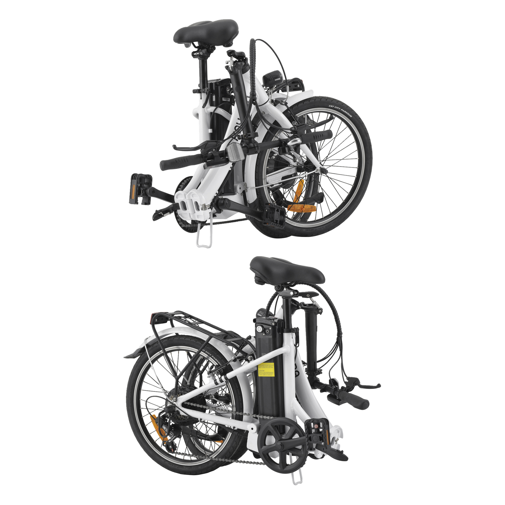 Två foton visar Kayoba Folding elcykel i vitt, helt hopfälld. Pedalerna, ramen och styret är kompakt hopfällda, och hjulen är placerade tätt ihop. Kedjan, pedalerna och bakre pakethållaren är alla tydligt synliga.
