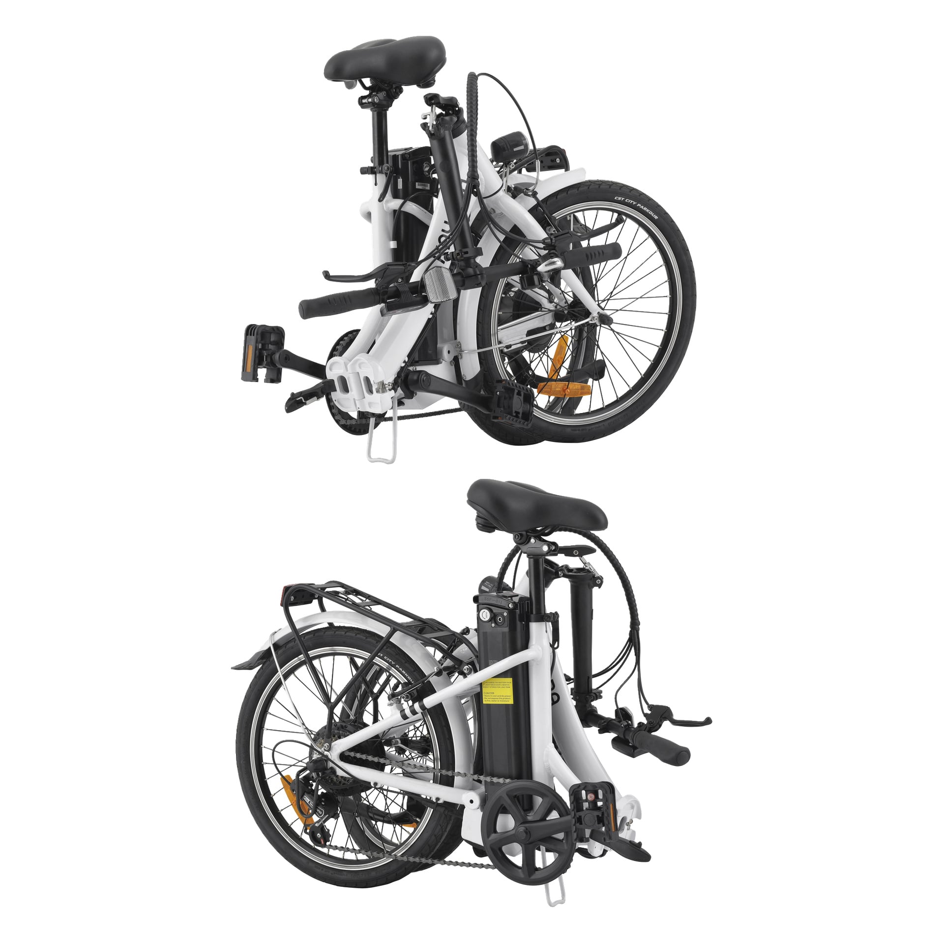 Två foton visar Kayoba Folding elcykel i vitt, helt hopfälld. Pedalerna, ramen och styret är kompakt hopfällda, och hjulen är placerade tätt ihop. Kedjan, pedalerna och bakre pakethållaren är alla tydligt synliga.