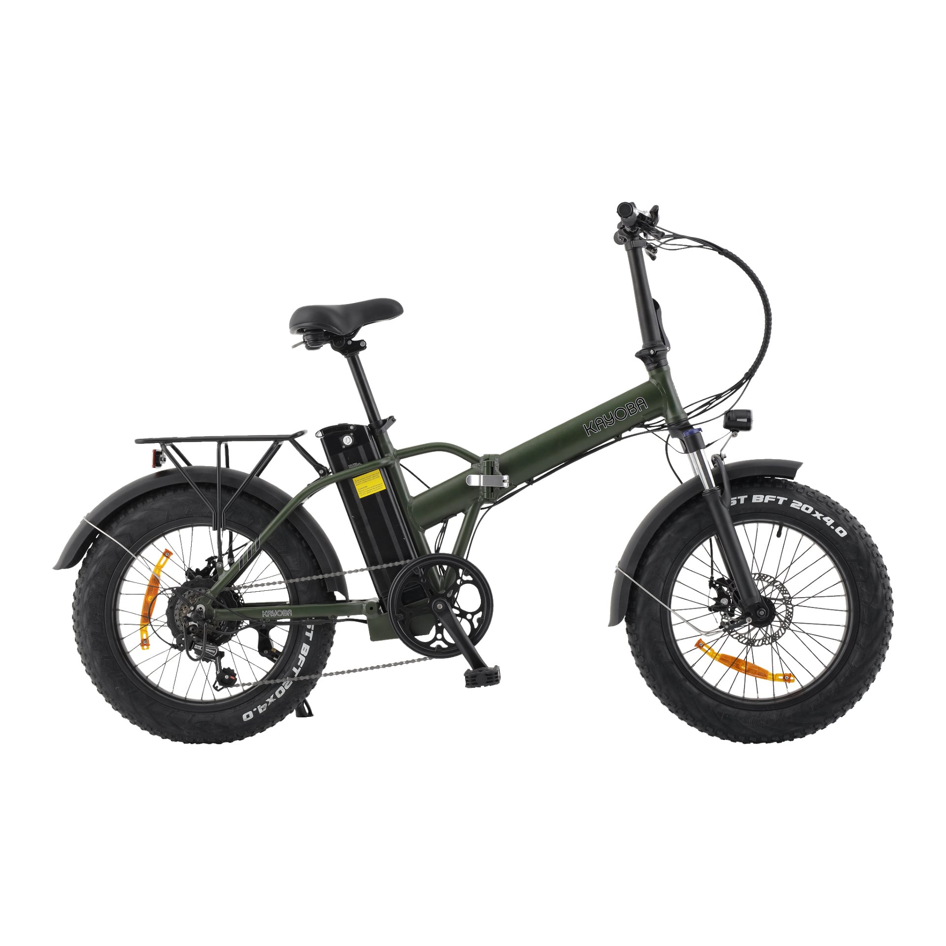 En grön Kayoba hopfällbar e-fat-cykel med tjocka svarta däck, fram- och bakskärmar, ett bakre bagageställ och ett batteri placerat bakom sadelröret, visad i en sidovy.