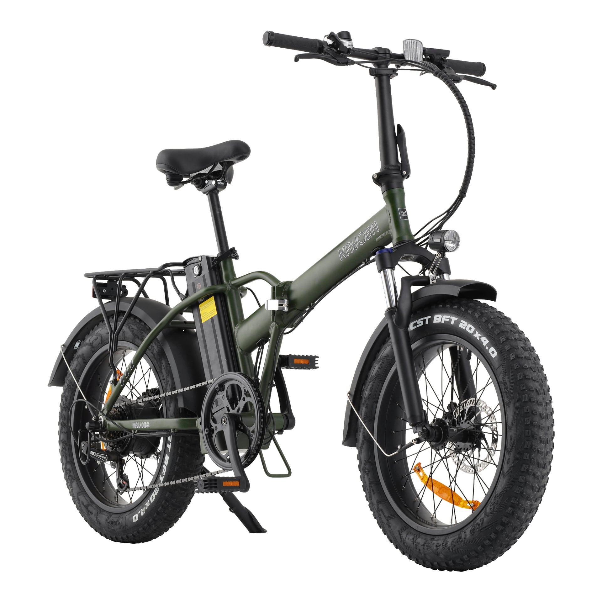En grön Kayoba hopfällbar elektrisk fatbike med överdimensionerade däck, fram- och bakskärmar, ett stadigt bagageutrymme bak och ett batteri fäst vid ramen.