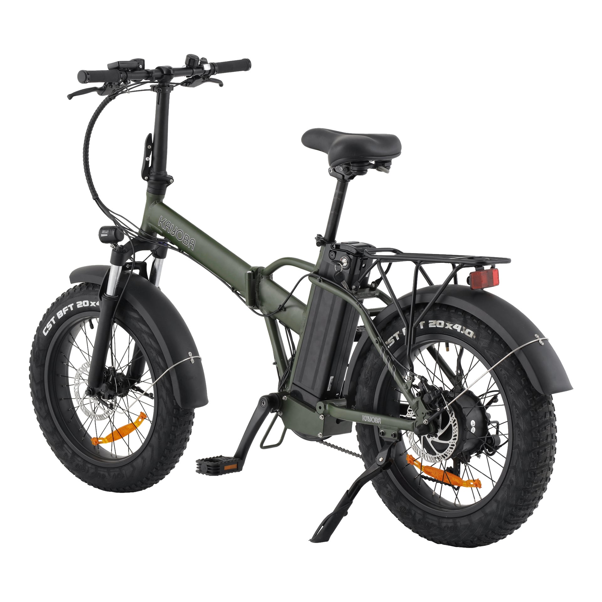 En grön Kayoba hopfällbar e-fat-cykel med stora fat-däck, svarta skärmar, ett bakre bagageutrymme och ett upprätt batteri placerat under sadlen.
