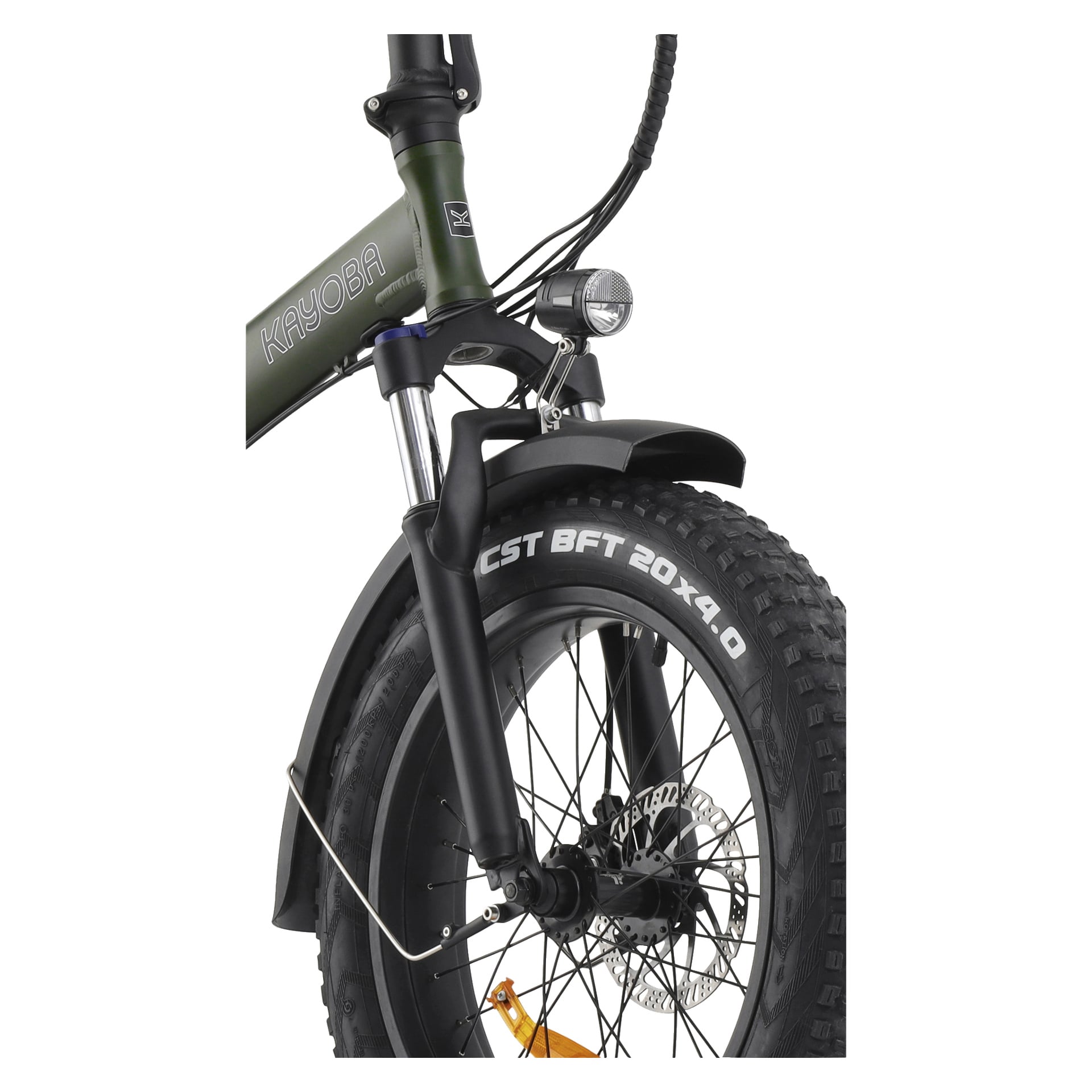 Närbild av Kayoba Foldable e-fat-cykelns framhjul och fjädringsgaffel, med framhävning av strålkastaren, skivbromsen, det robusta CST BFT 20x4.0-däcket och den svarta skärmen.