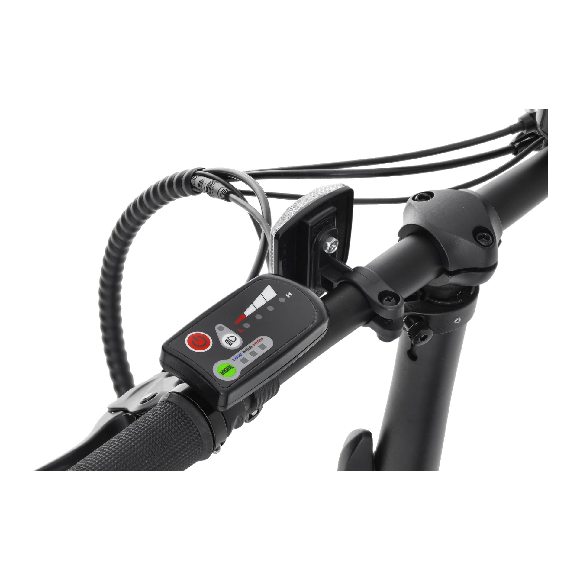 Detaljerad närbild av Kayoba Foldable e-fatbike styret som visar en kontrollpanel med ström- och ljusknappar, en display för hastighet eller batteristatus, synliga kablar och styrets grepp bredvid bromshandtaget.