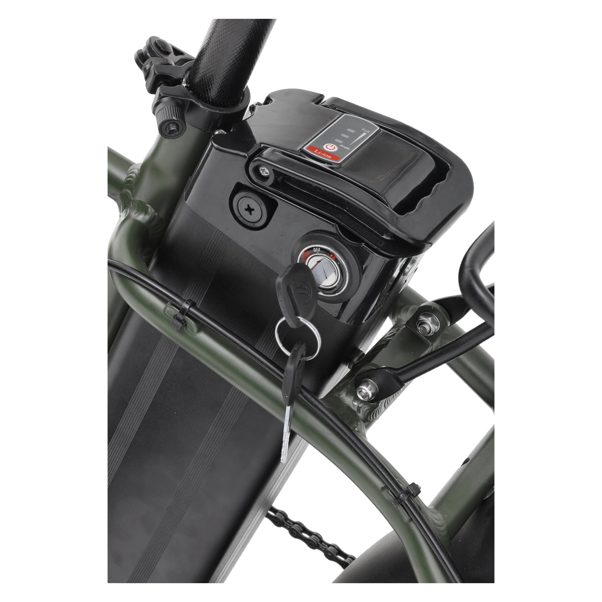 En detaljerad vy av batterifacket på en Kayoba Foldable e-fatbike visar en nyckel insatt i tändningslåset och en batteriindikator som visas på dess mattgröna ram.