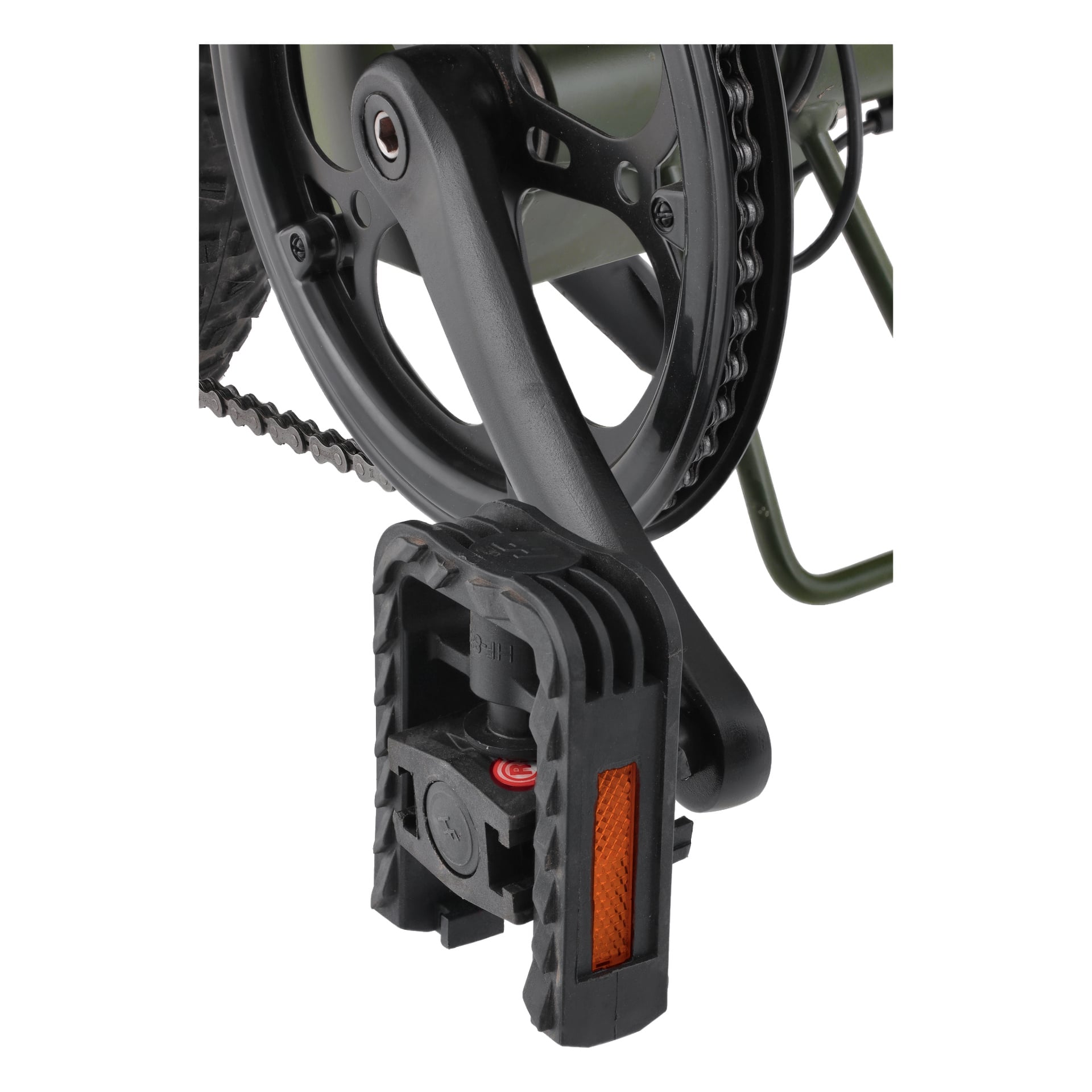 Detaljerad vy av Kayoba Foldable e-fat-cykelns pedal med en orange reflektor, vevarm och dess fäste nära klingan, med delar av ramen och hjulet synliga.