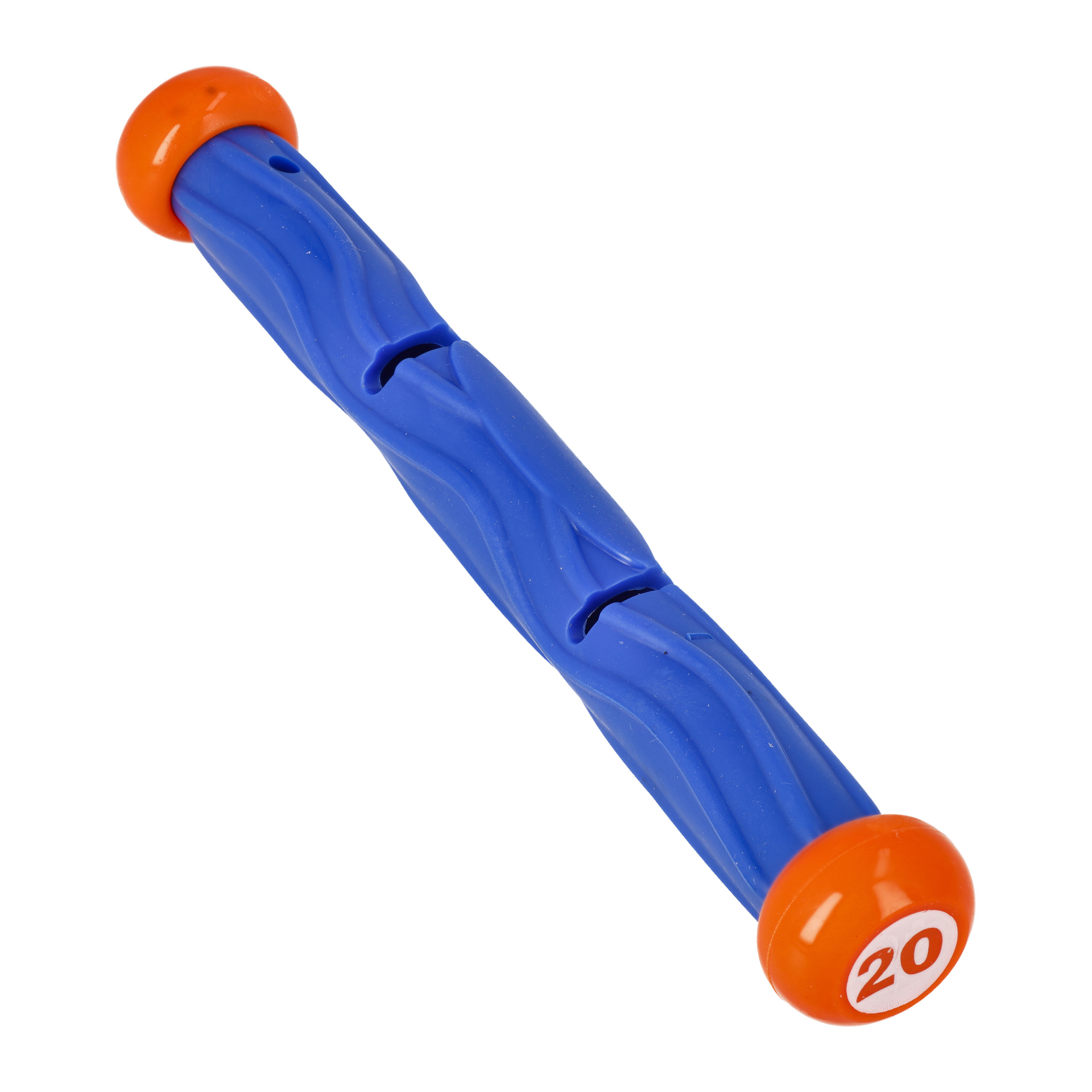 En blå plastdykpinne med vågig textur, orange rundade spetsar, spår och små hål längs kroppen, och siffran 20 tryckt i vitt i ena änden; en del av Kayoba Dive Sticks 5-packet.