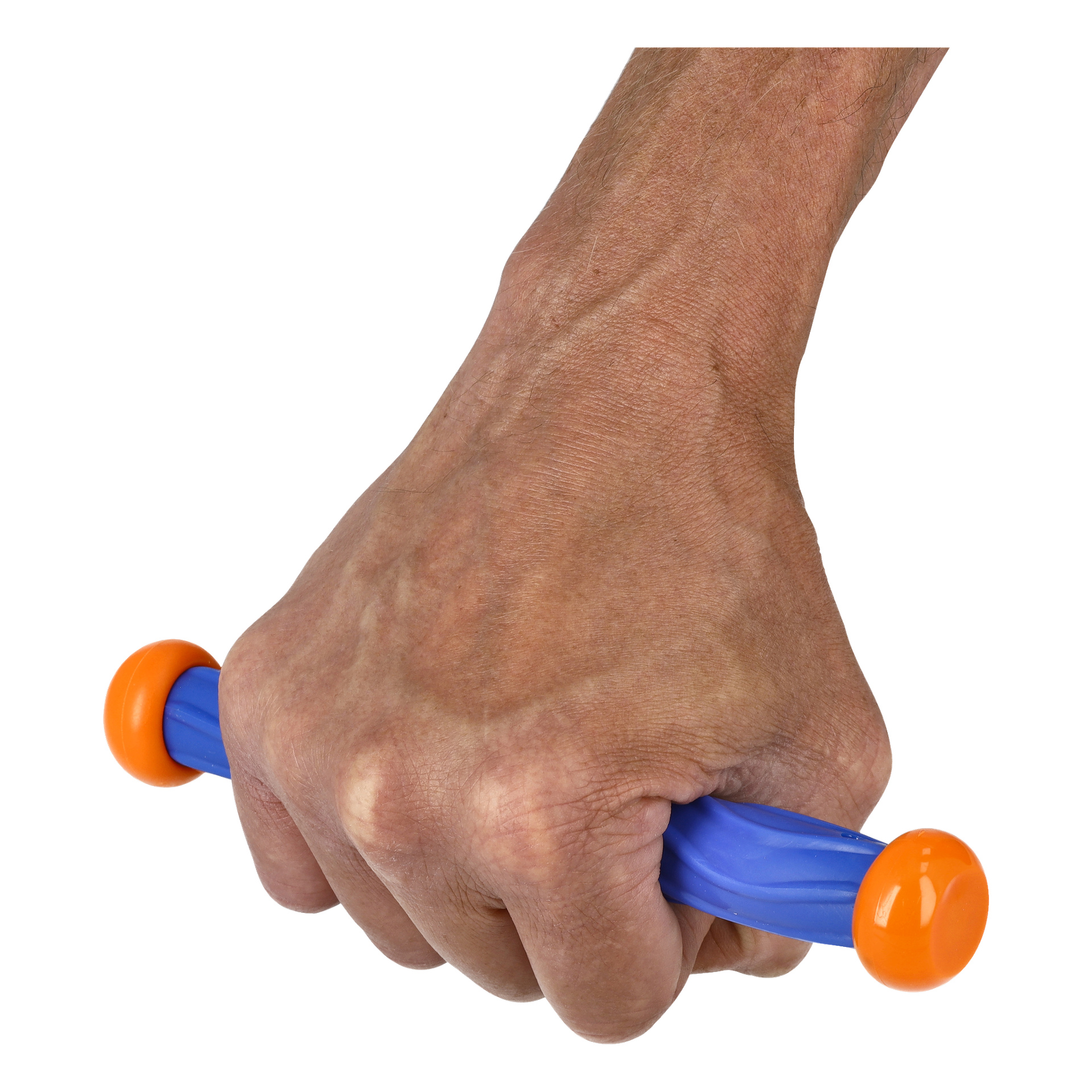 En hand håller en blå Kayoba Dive Stick med orange lock i båda ändarna.
