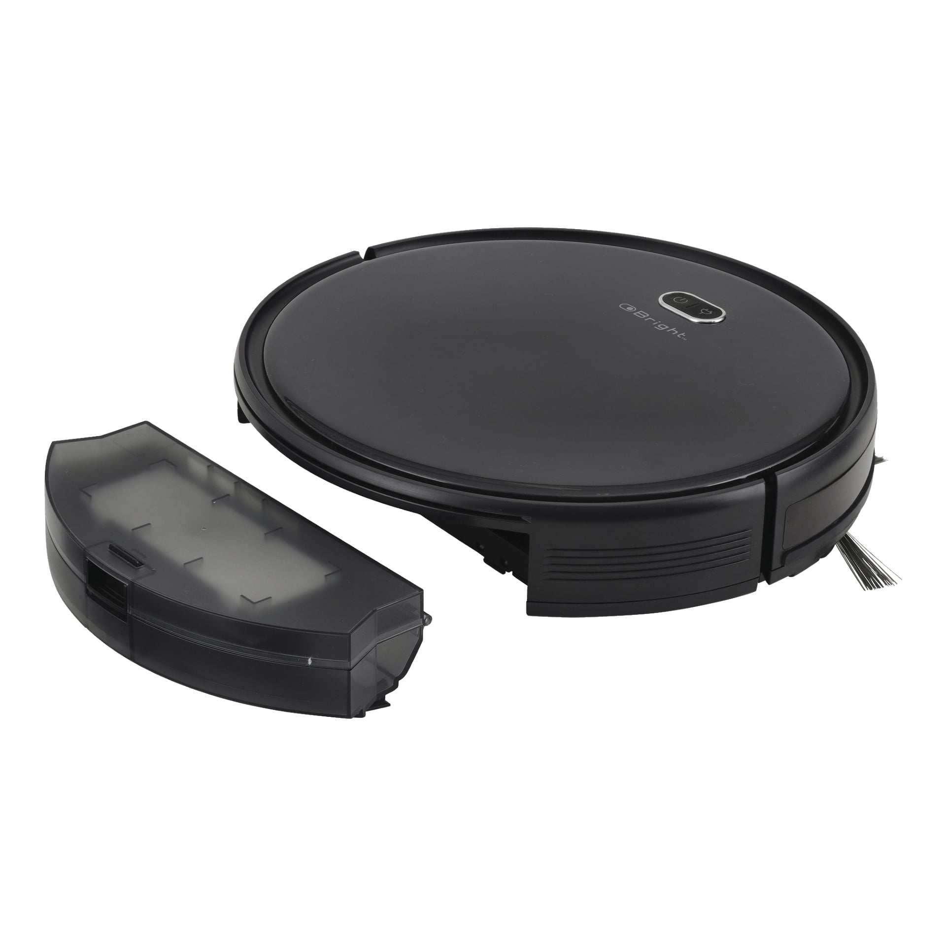 En slank svart Bright Robot Vacuum Cleaner Smart med soptunnan losstagen och placerad bredvid. Den runda dammsugaren visar en enkel kontrollpanel ovanpå och en sidoborste som delvis är synlig.