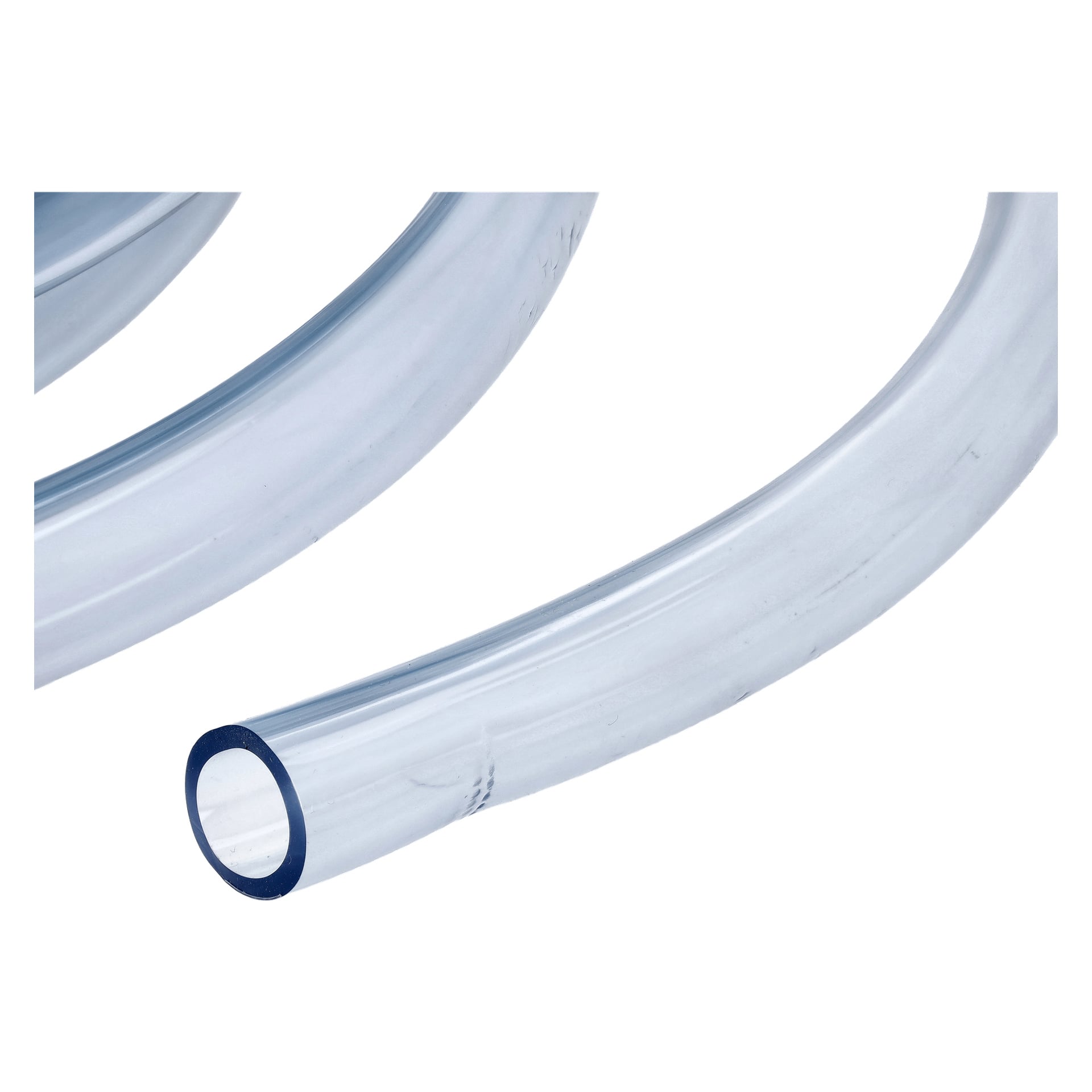 En detaljerad närbild av Hard Head Lab-slangen framhäver dess transparenta, flexibla plastmaterial med en slät yta och mjuk spiral. Den öppna änden blottar slangens tomma insida.