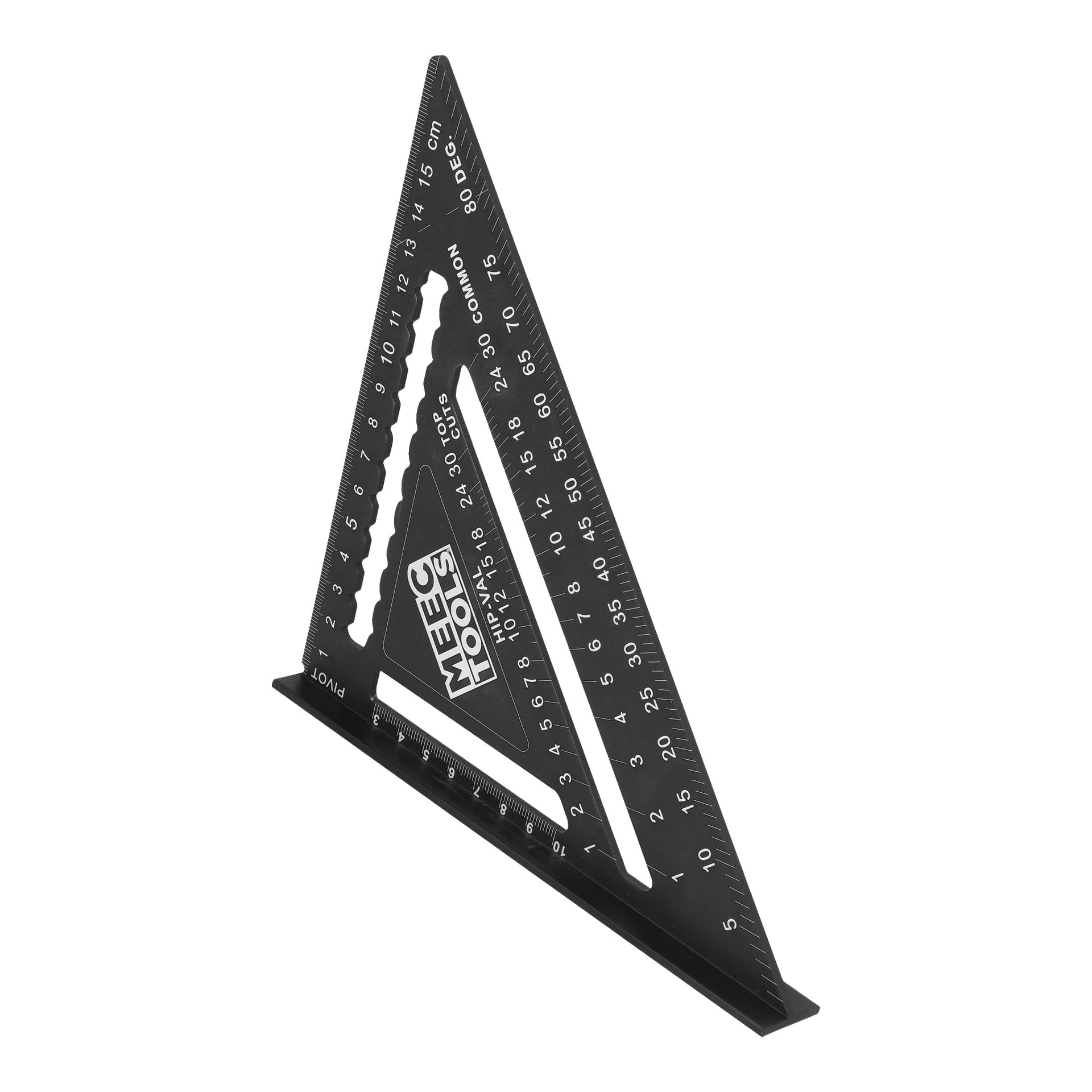 En svart triangulär Meec Tools snabbfyrkant med mätmarkeringar i både centimeter och tum, ett utskuret handtag och extra guider för vinklar och vridpunkter.