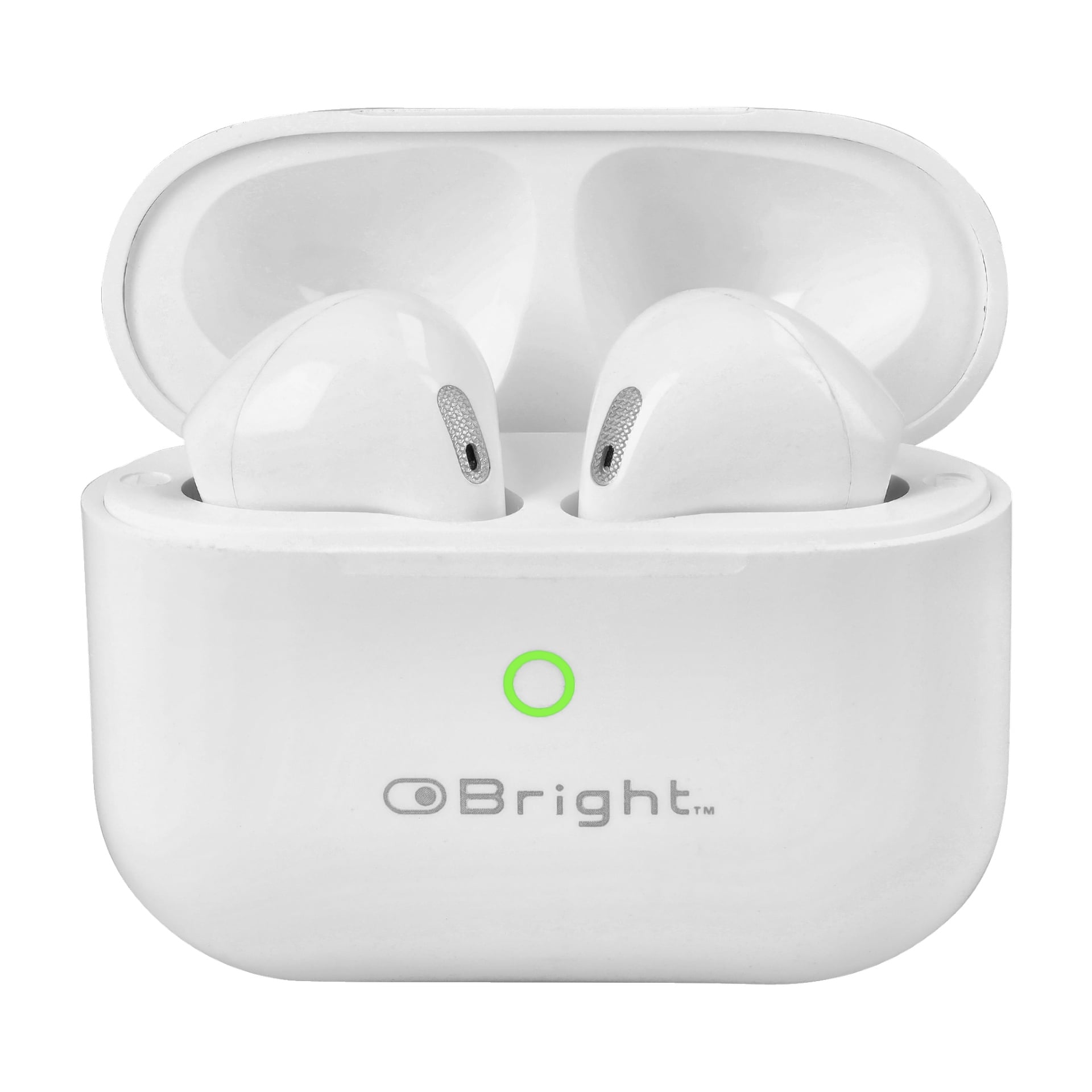 Trådlösa in-ear Bright-hörlurar med pekkontroller placeras i ett öppet laddningsfodral som visar en grön indikatorlampa och varumärket "Bright" på framsidan. Hörlurarna sitter säkert inuti med locket uppdraget.